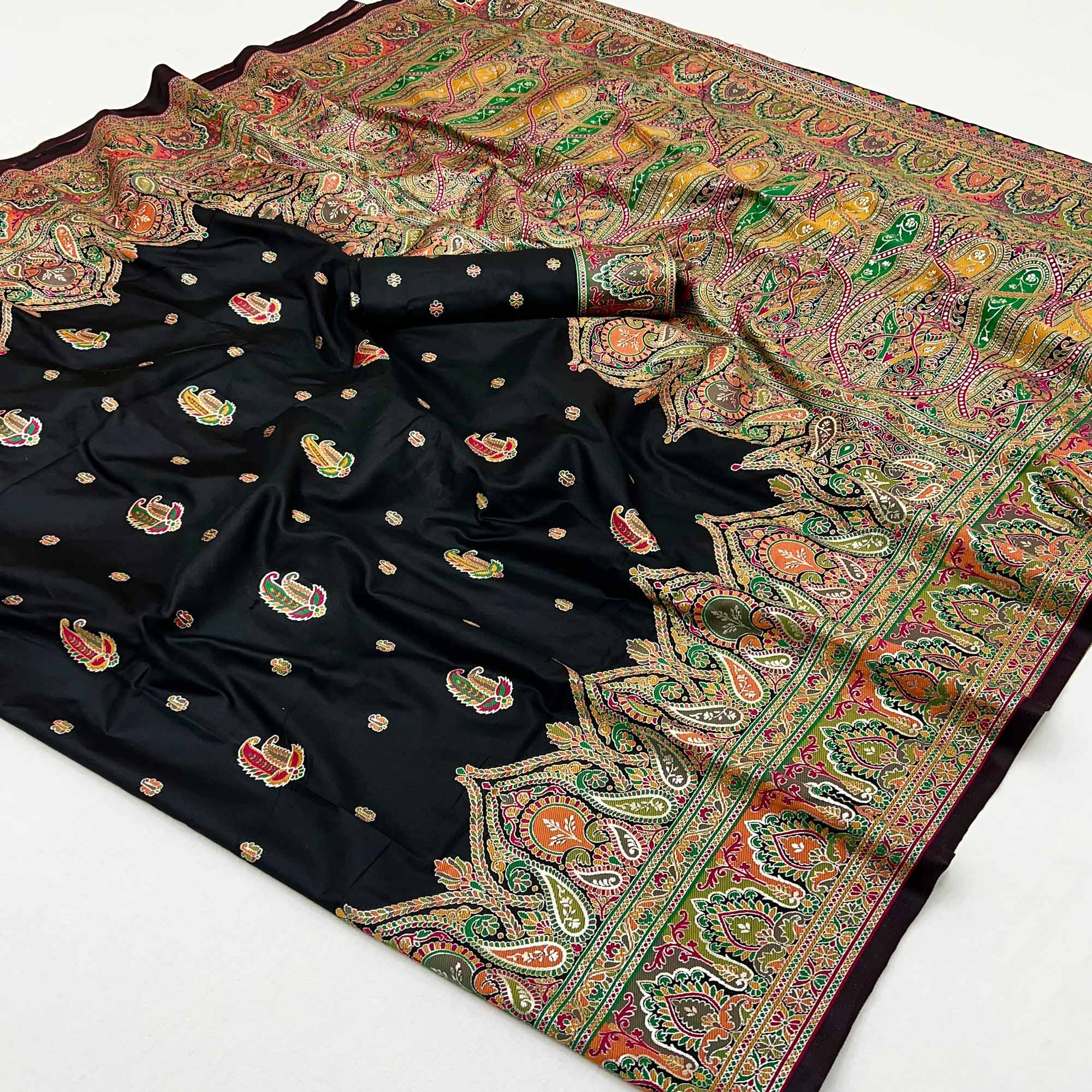 Black Floral Woven Pure Silk Pashmina Saree