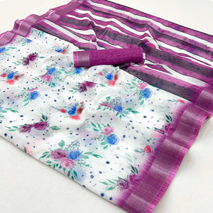 White & Purple Floral Digital Printed Linen Saree With Zari Border