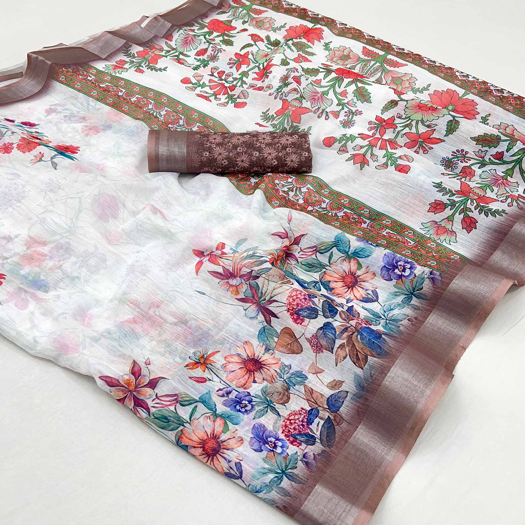 White & Brown Floral Digital Printed Linen Saree With Zari Border