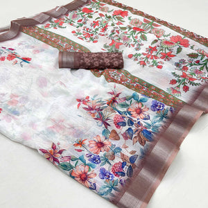 White & Brown Floral Digital Printed Linen Saree With Zari Border