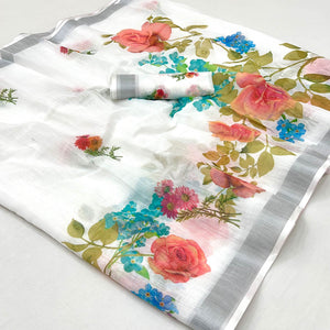White & Grey Floral Digital Printed Linen Saree With Zari Border