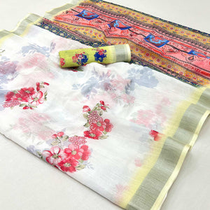 White & Light Yellow Floral Digital Printed Linen Saree With Zari Border