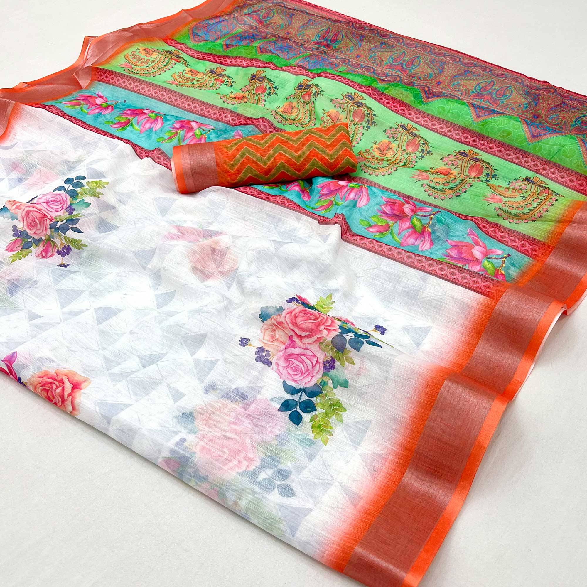 White & Orange Floral Digital Printed Linen Saree With Zari Border