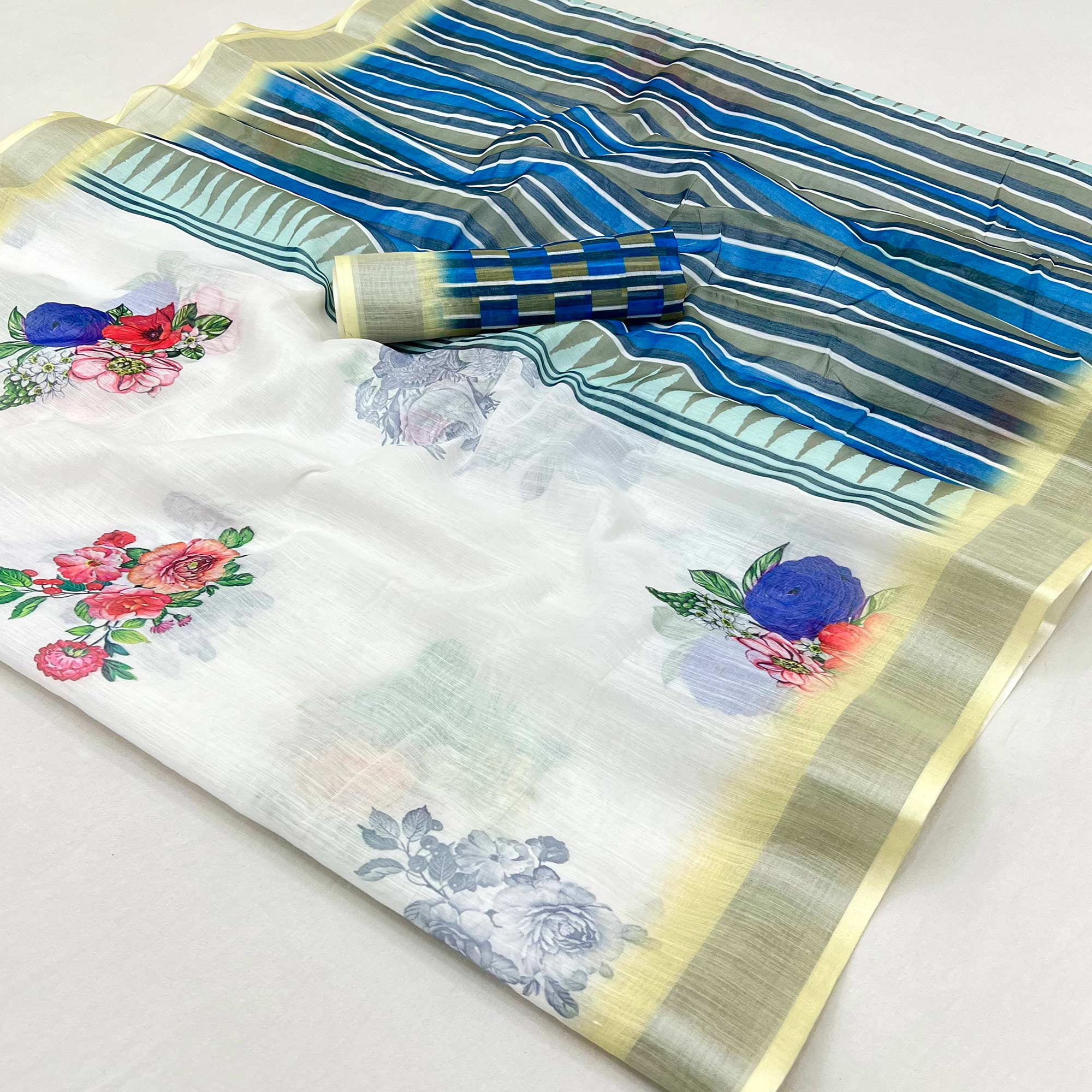 White & Light Yellow Floral Digital Printed Linen Saree With Zari Border