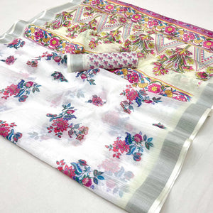 White Floral Digital Printed Linen Saree With Zari Border
