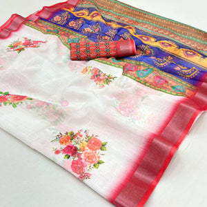 White & Red Floral Digital Printed Linen Saree With Zari Border
