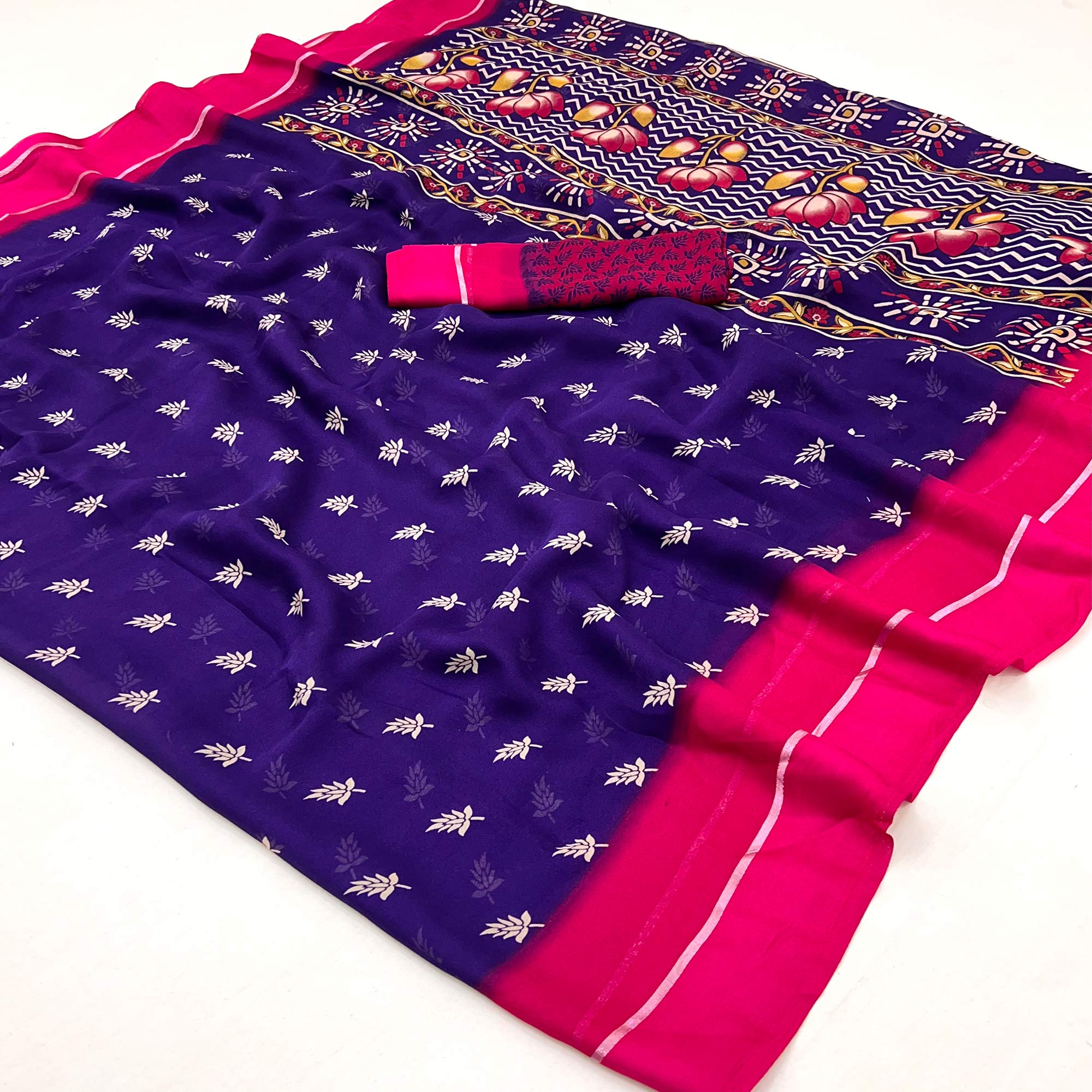 Violet Floral Printed Georgette Saree With Zari Border