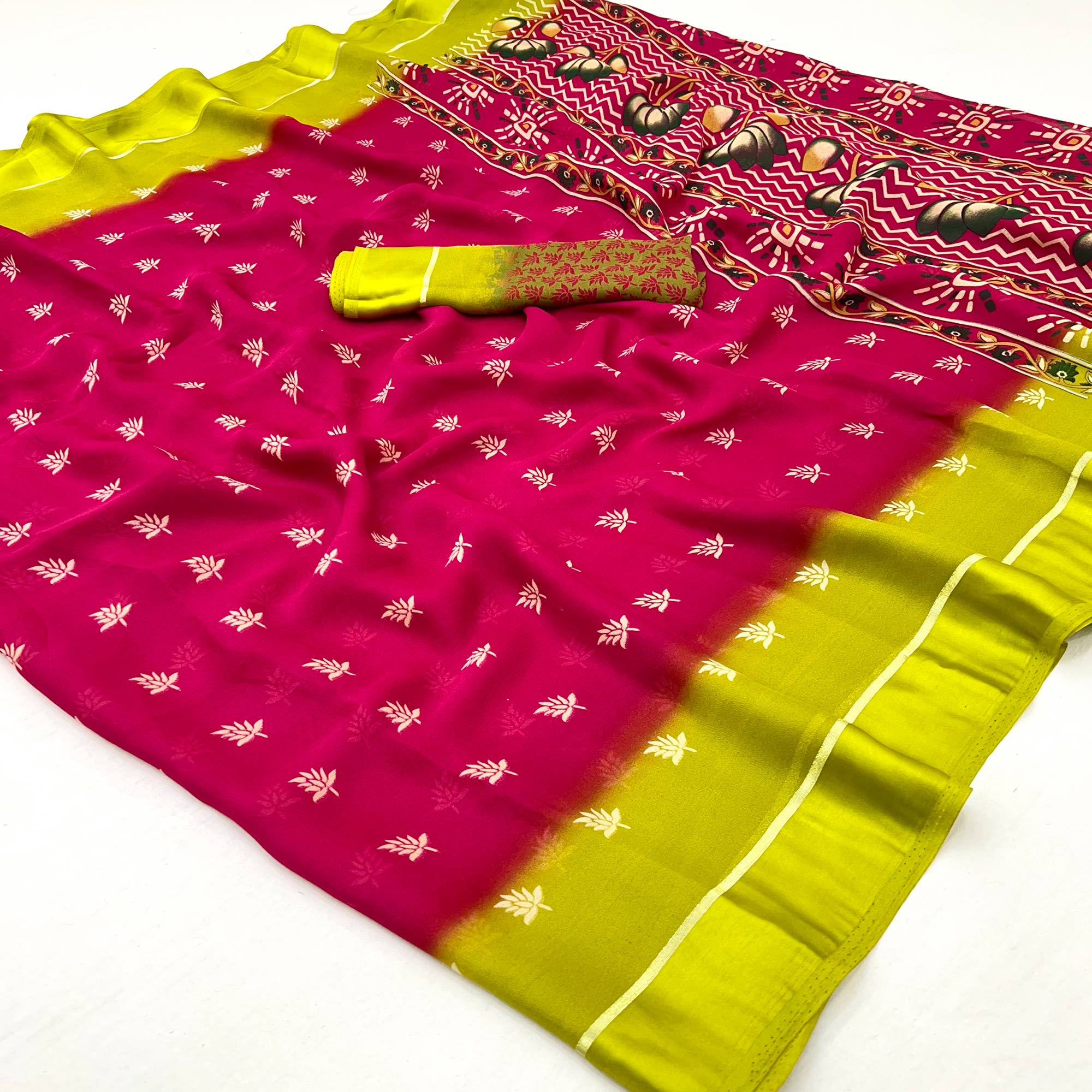 Pink Floral Printed Georgette Saree With Zari Border