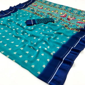 Blue Floral Printed Georgette Saree With Zari Border