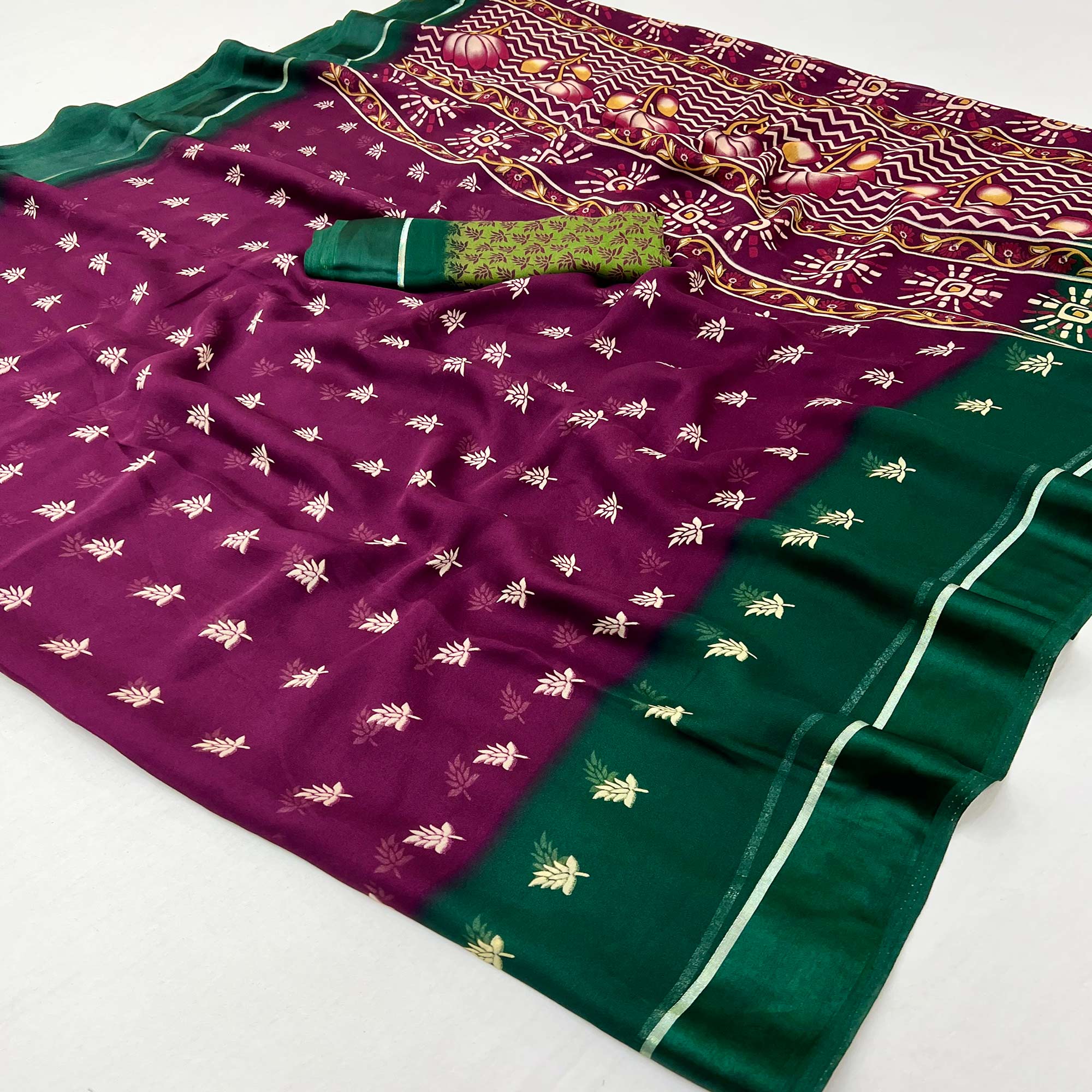 Wine Floral Printed Georgette Saree With Zari Border