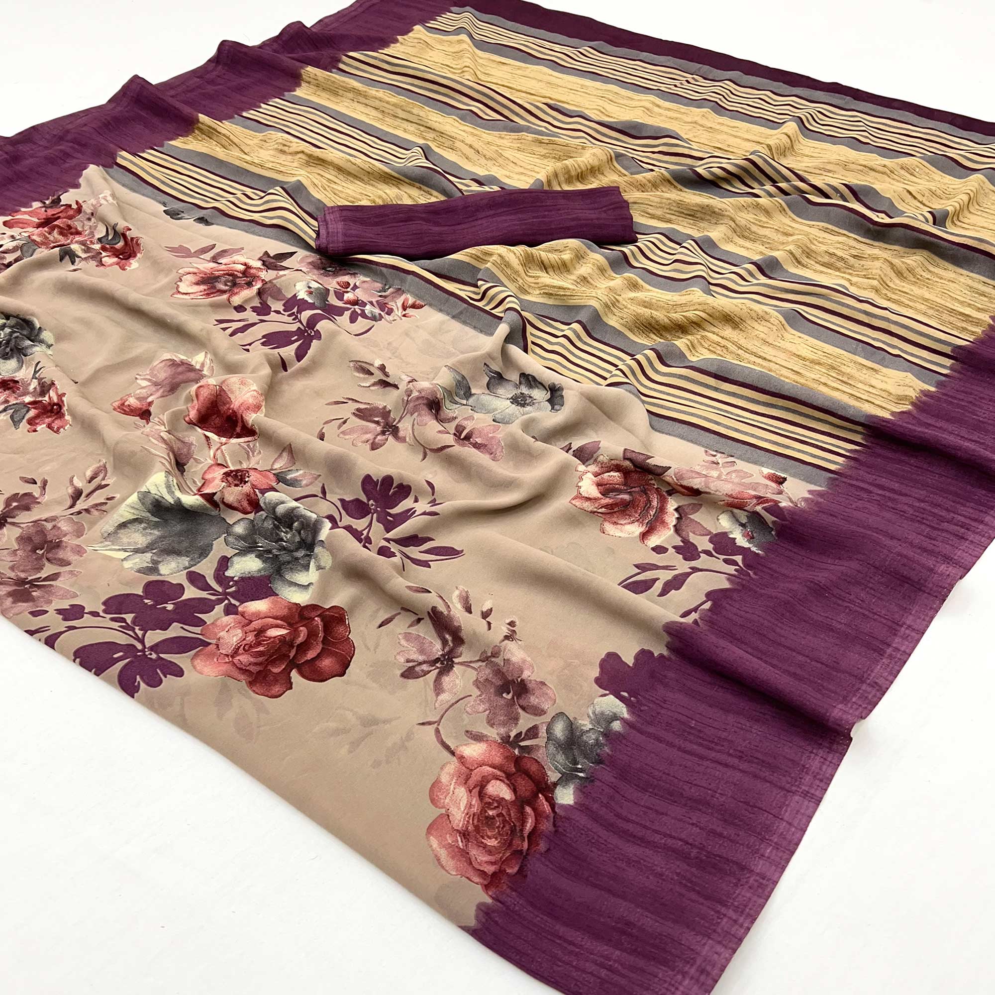 Light Brown & Wine Floral Printed Georgette Saree