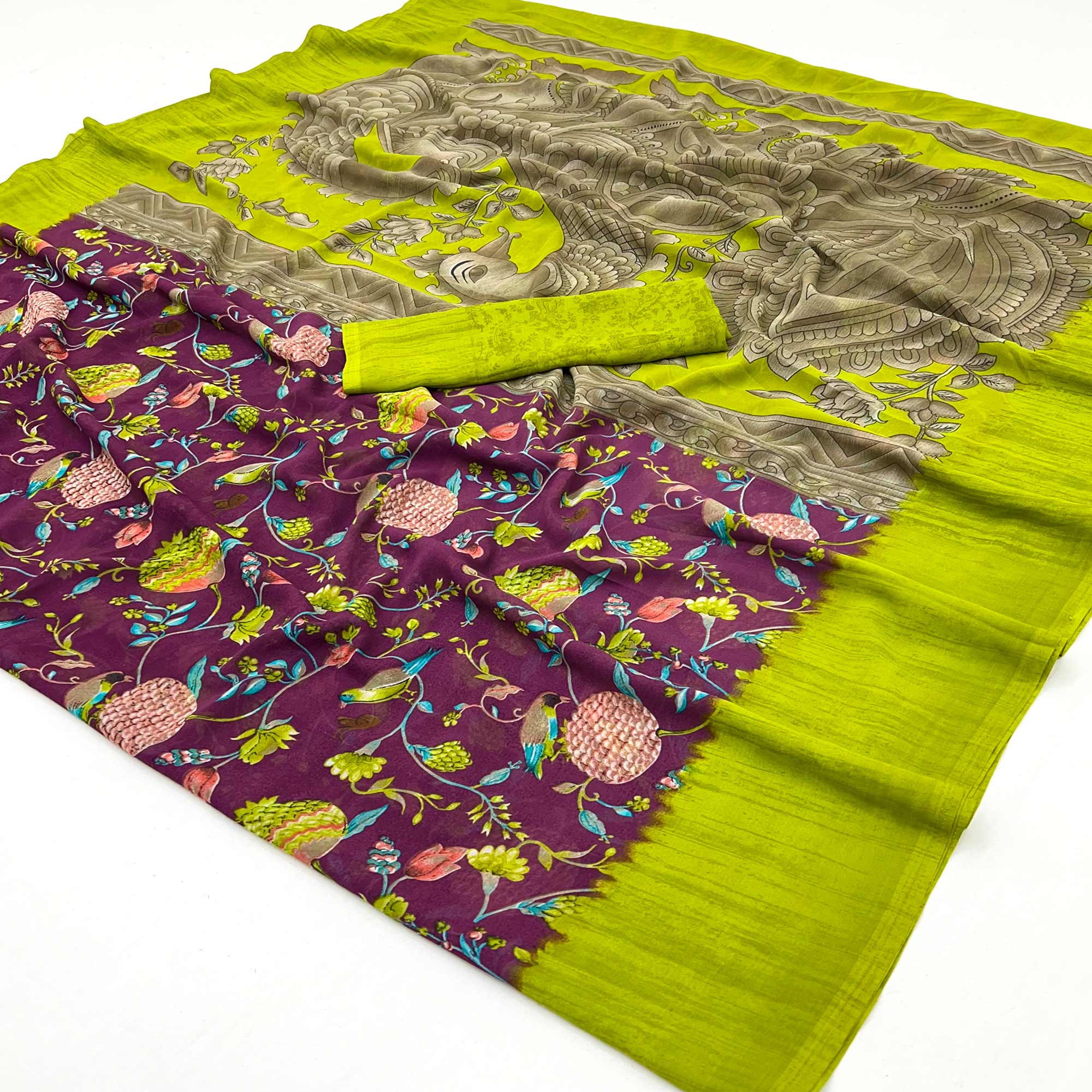 Wine Floral Printed Georgette Saree