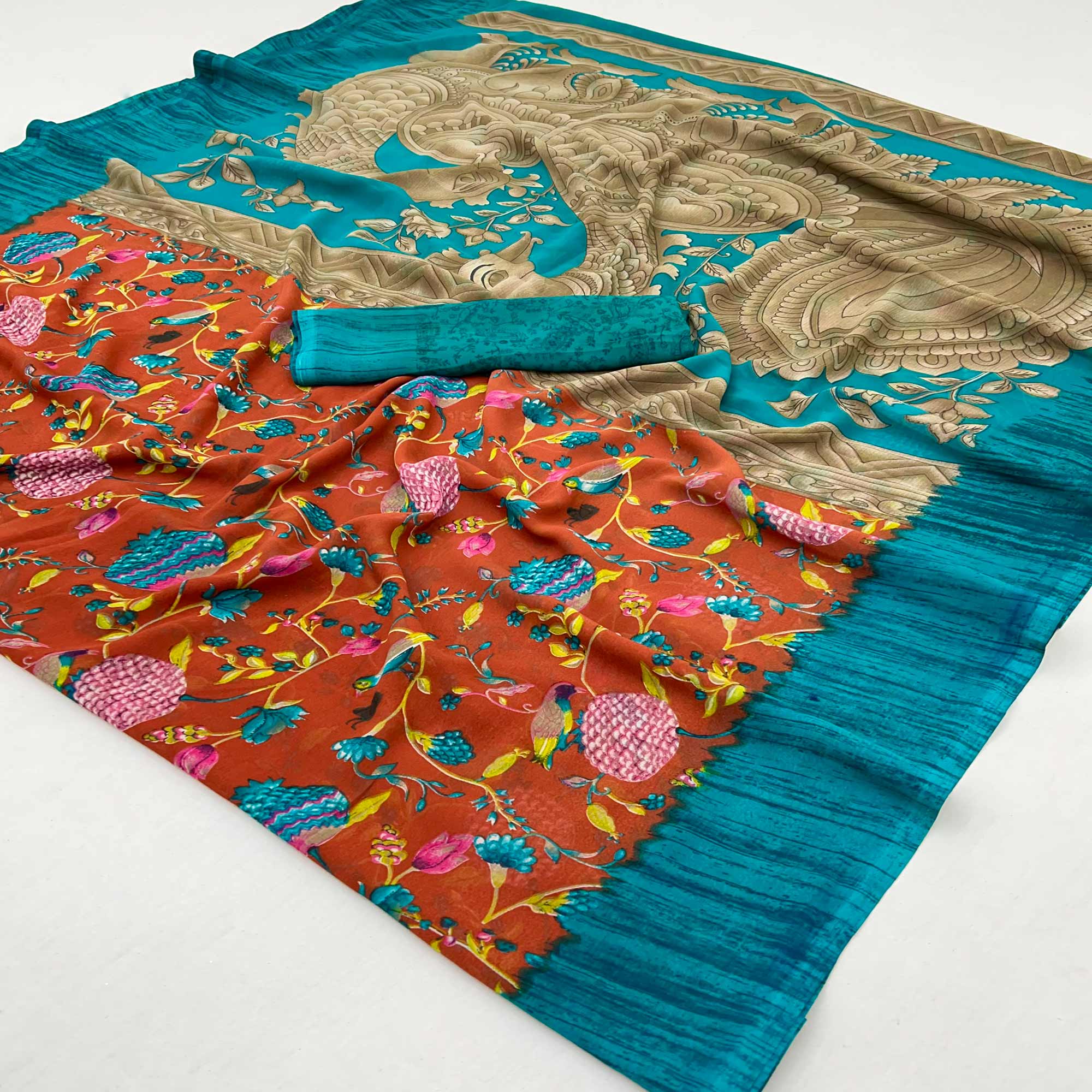 Orange Floral Printed Georgette Saree