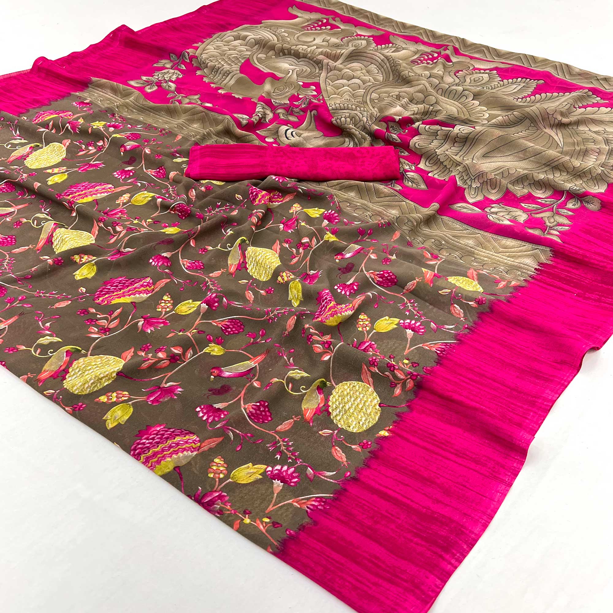Brown Floral Printed Georgette Saree