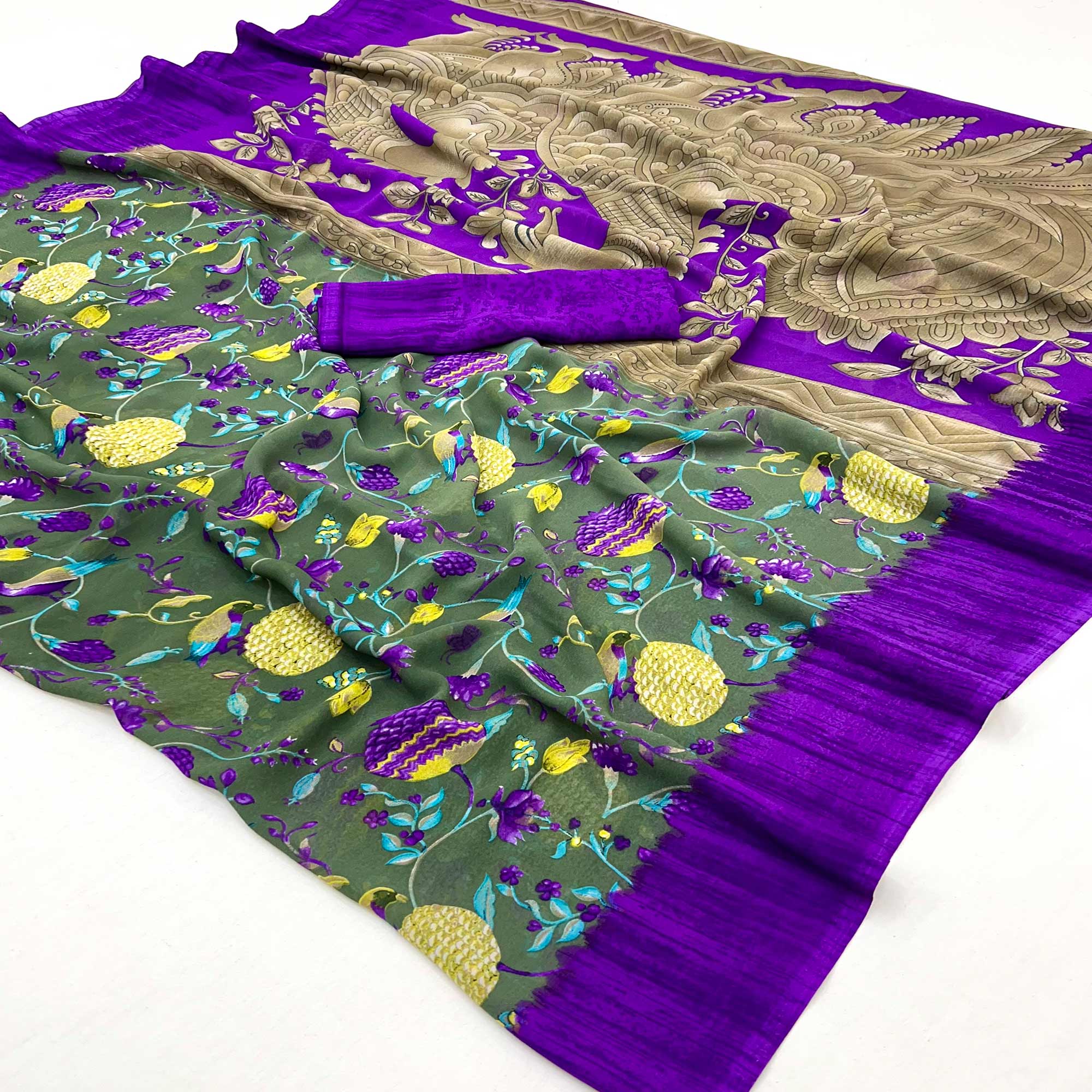 Green  Floral Printed Georgette Saree