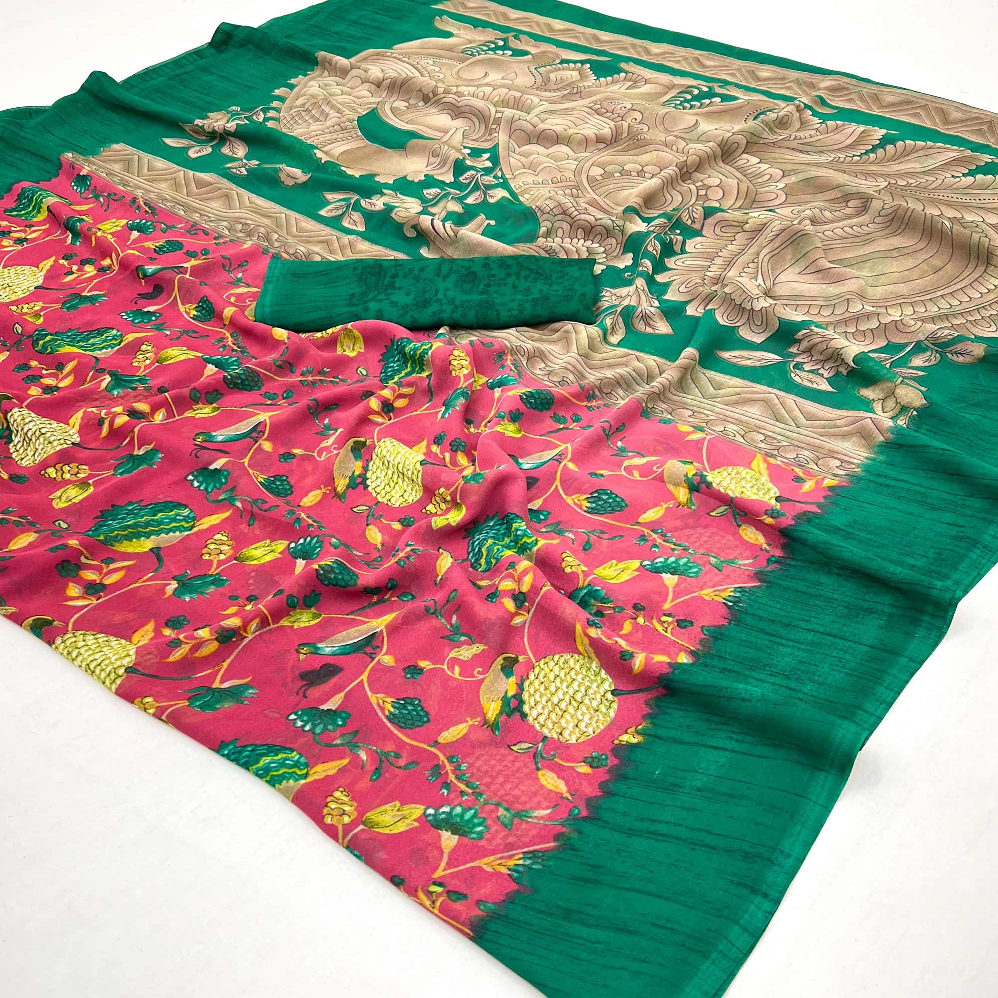 Pink Floral Printed Georgette Saree