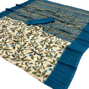 Beige & Blue Floral Printed Georgette Saree