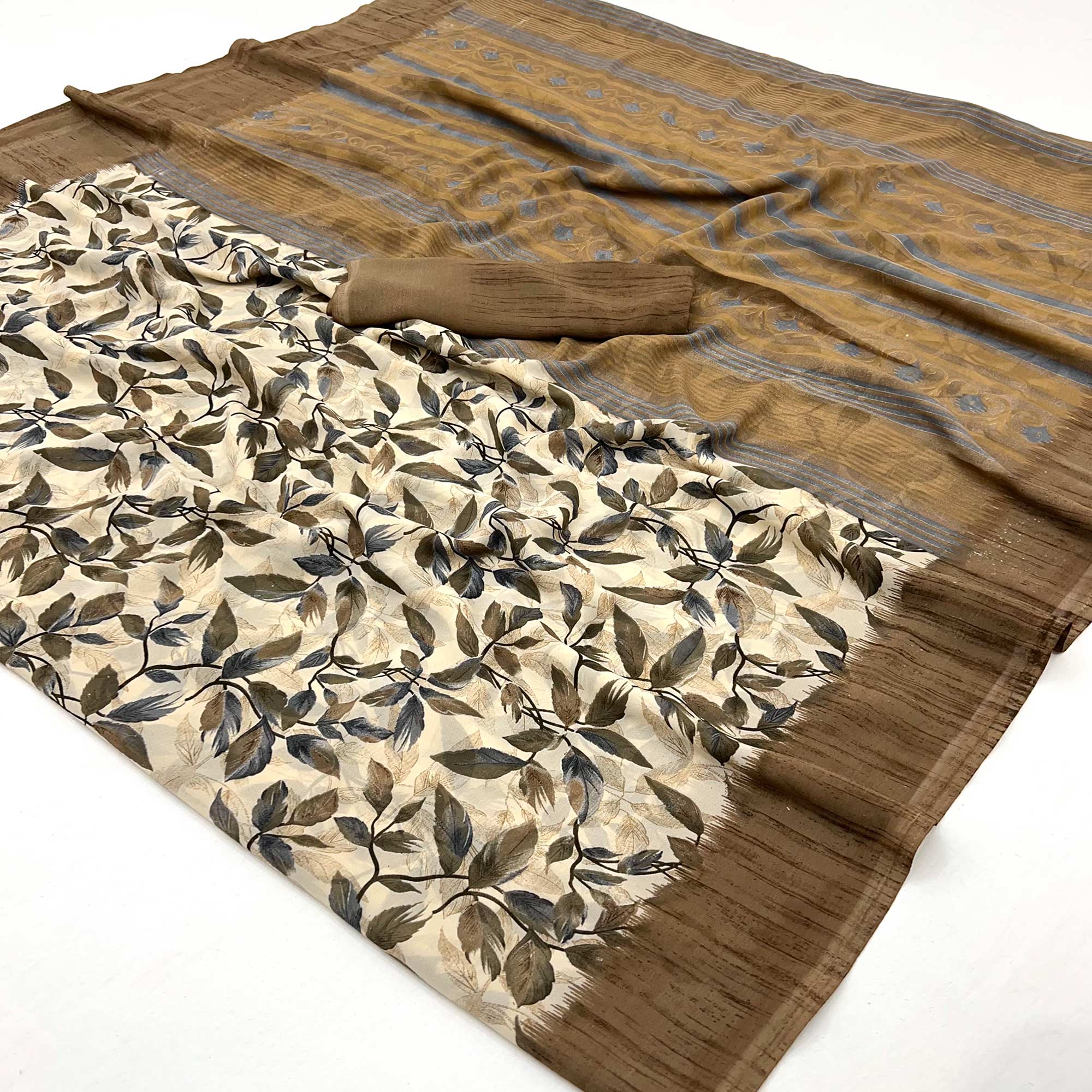 Beige & Brown Floral Printed Georgette Saree