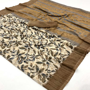 Beige & Brown Floral Printed Georgette Saree