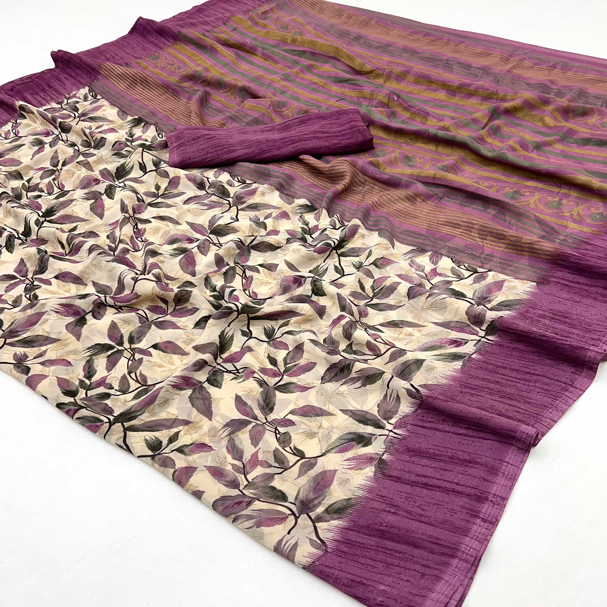 Beige & Mauve Floral Printed Georgette Saree