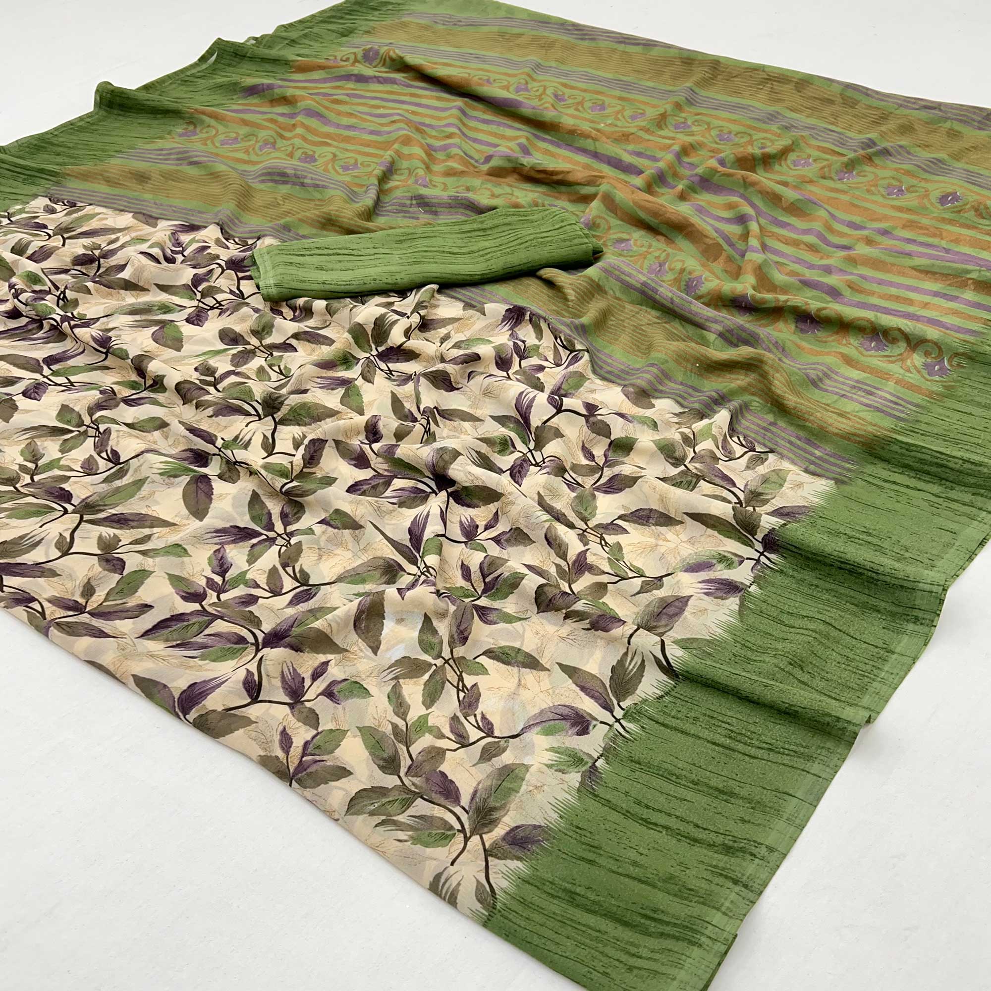 Beige & Green Floral Printed Georgette Saree