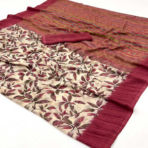 Beige & Maroon Floral Printed Georgette Saree