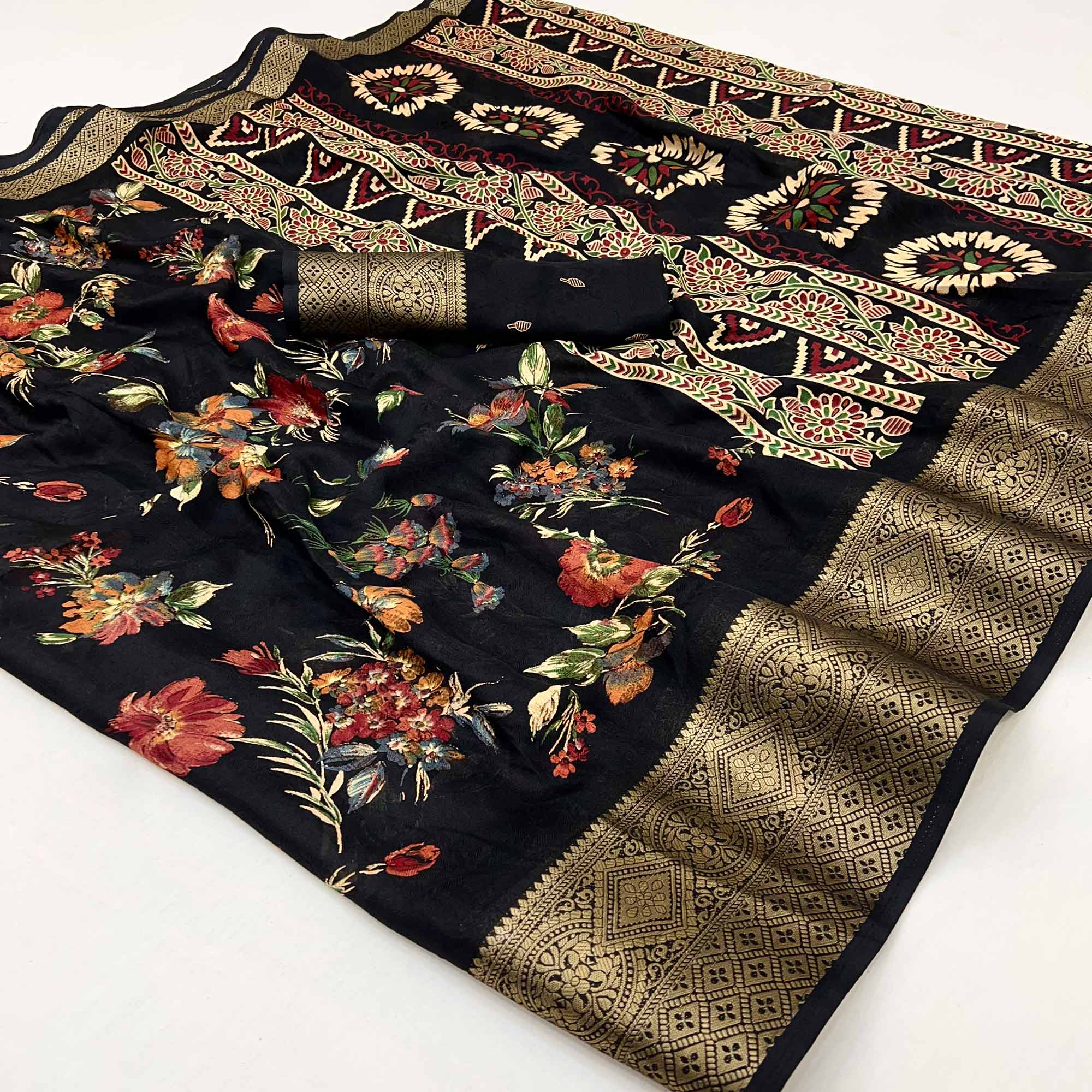 Black Floral Printed Dola Silk Saree With Zari Border