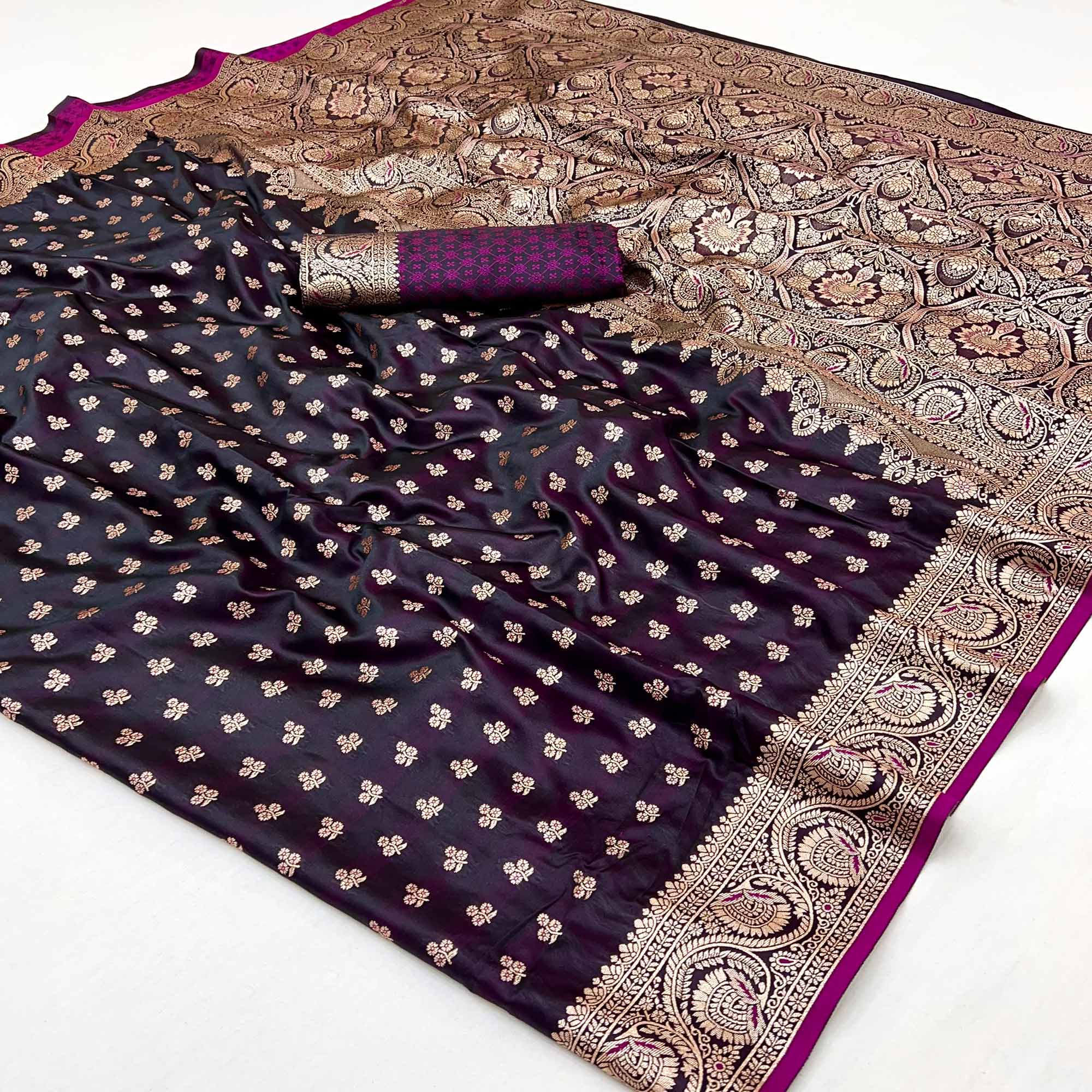 Dark Wine Floral Woven Satin Silk Saree With Zari Border