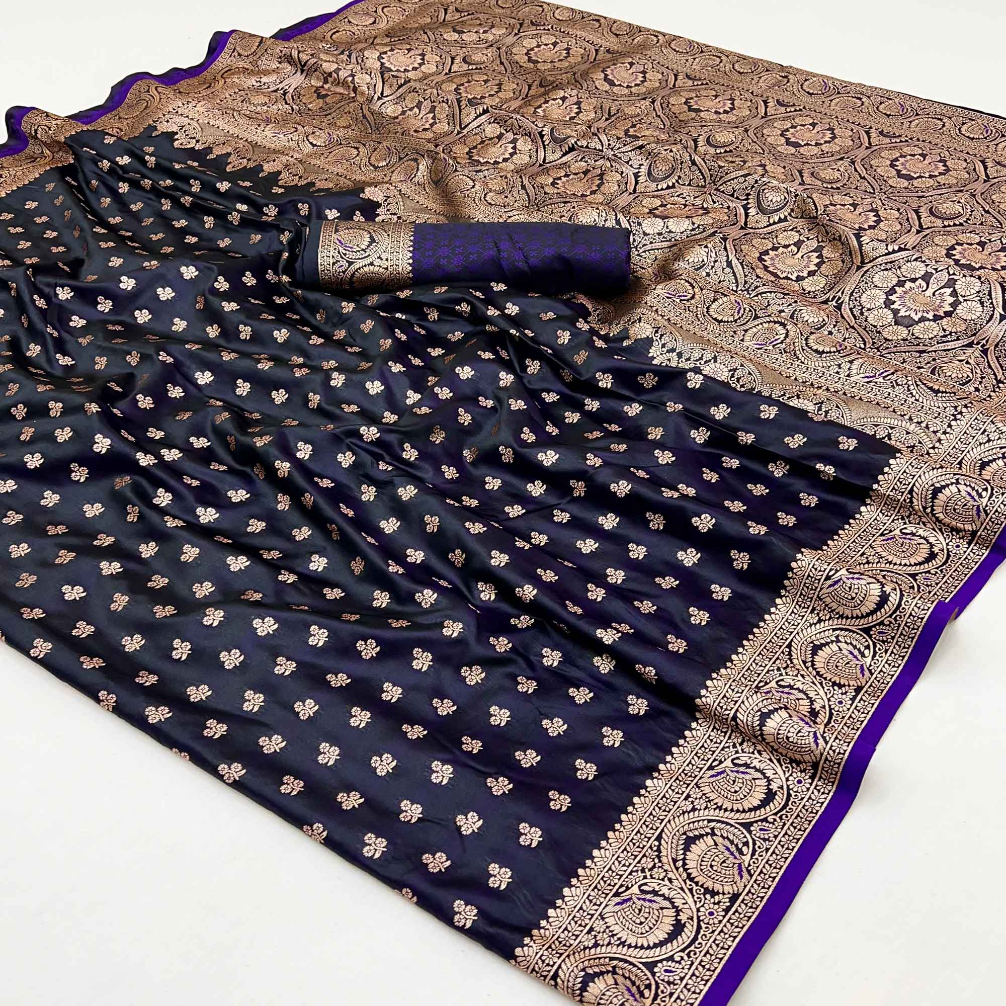 Blue Floral Woven Satin Silk Saree With Zari Border