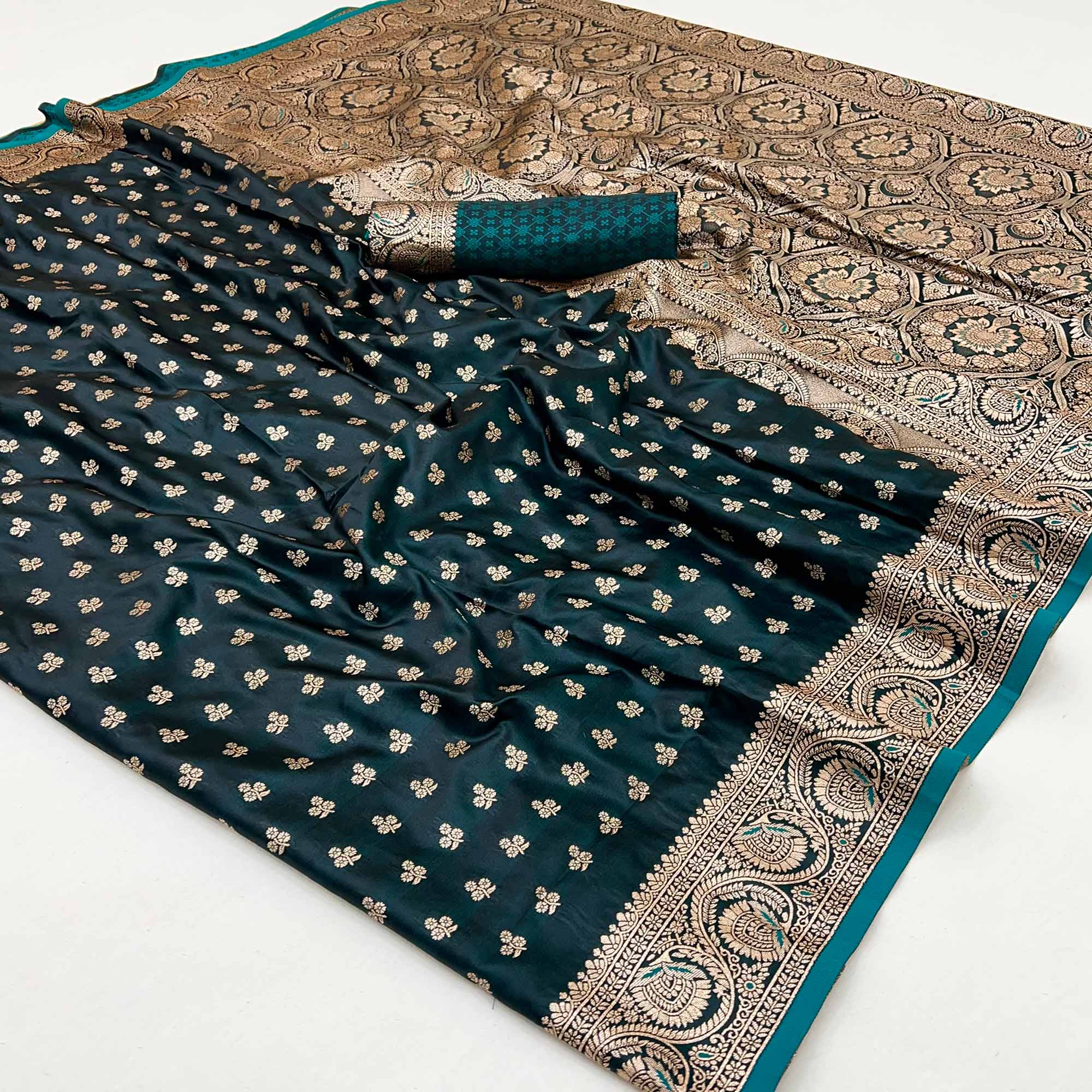 Morpich Green Floral Woven Satin Silk Saree With Zari Border