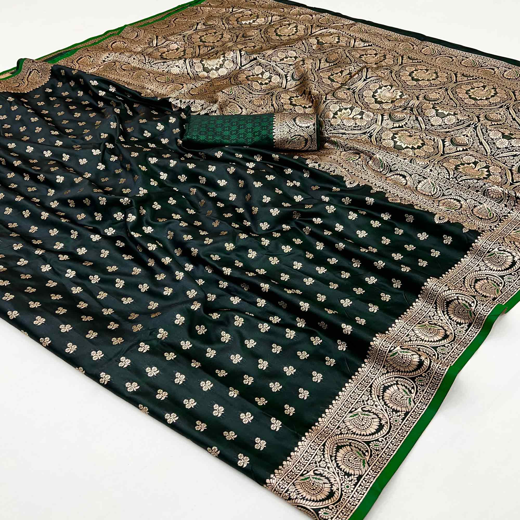 Dark Green Floral Woven Satin Silk Saree With Zari Border