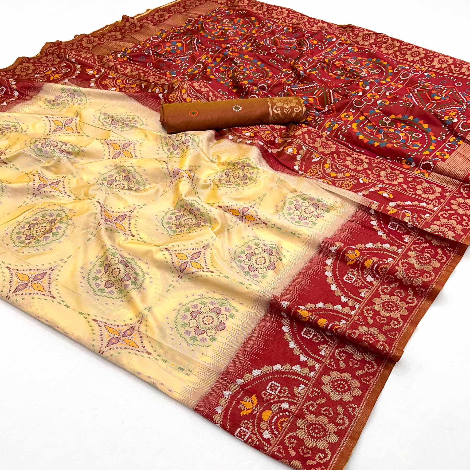 Light Yellow & Maroon Floral Woven Pure Silk Saree