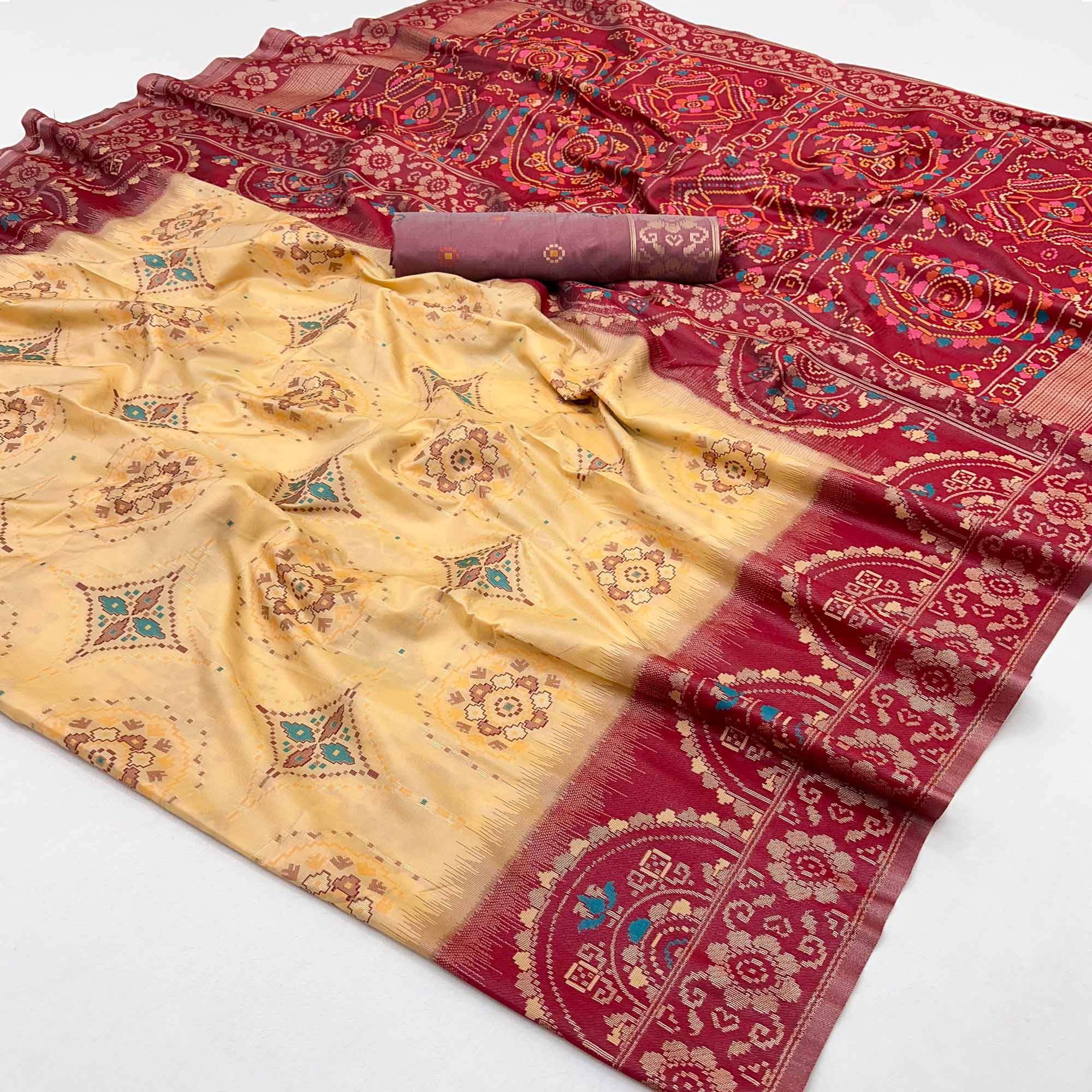 Cream & Maroon Floral Woven Pure Silk Saree