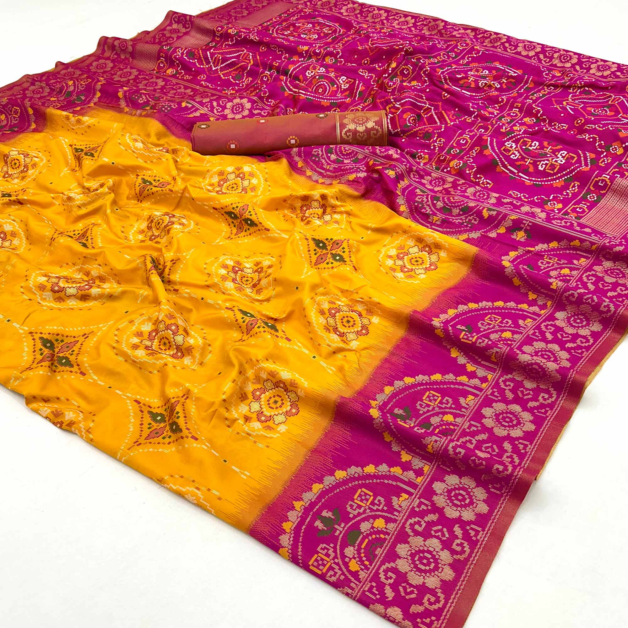 Mustard & Pink Floral Woven Pure Silk Saree