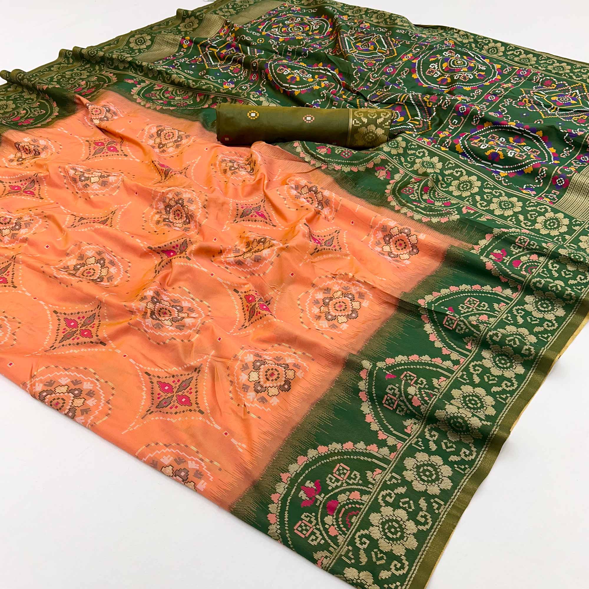 Peach & Green Floral Woven Pure Silk Saree