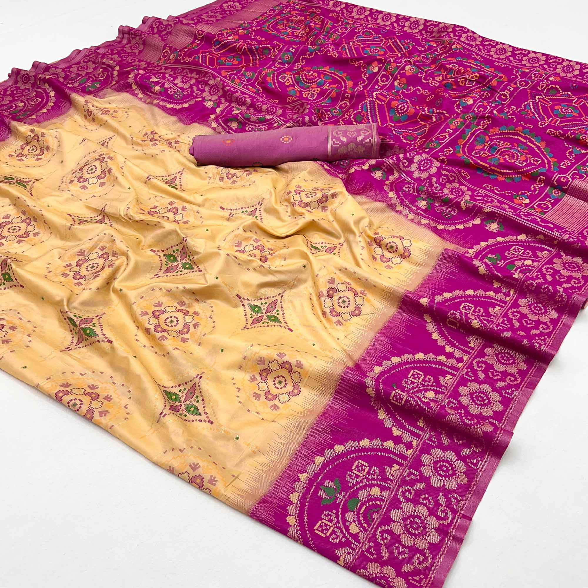 Cream & Pink Floral Woven Pure Silk Saree