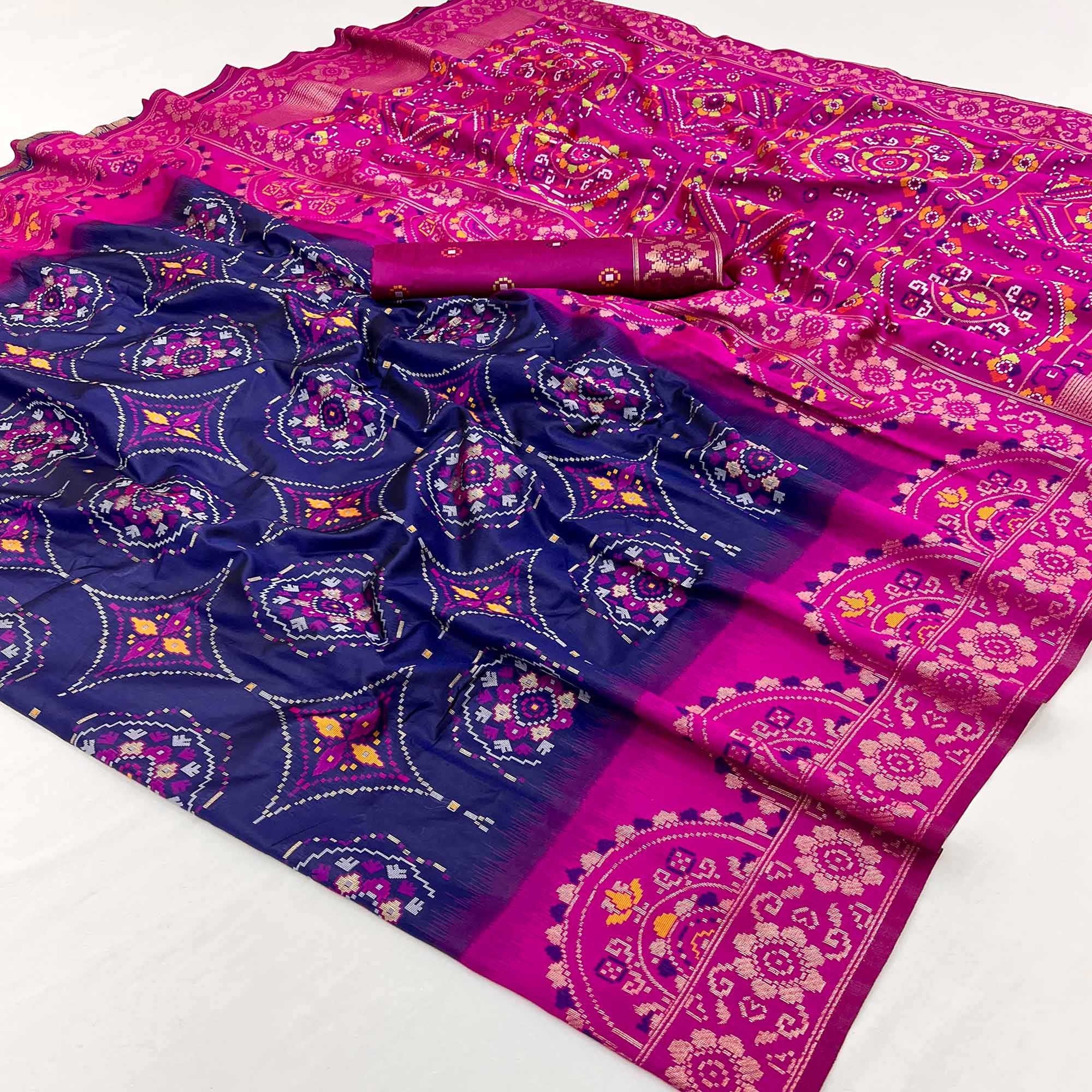 Navy Blue & Pink Floral Woven Pure Silk Saree