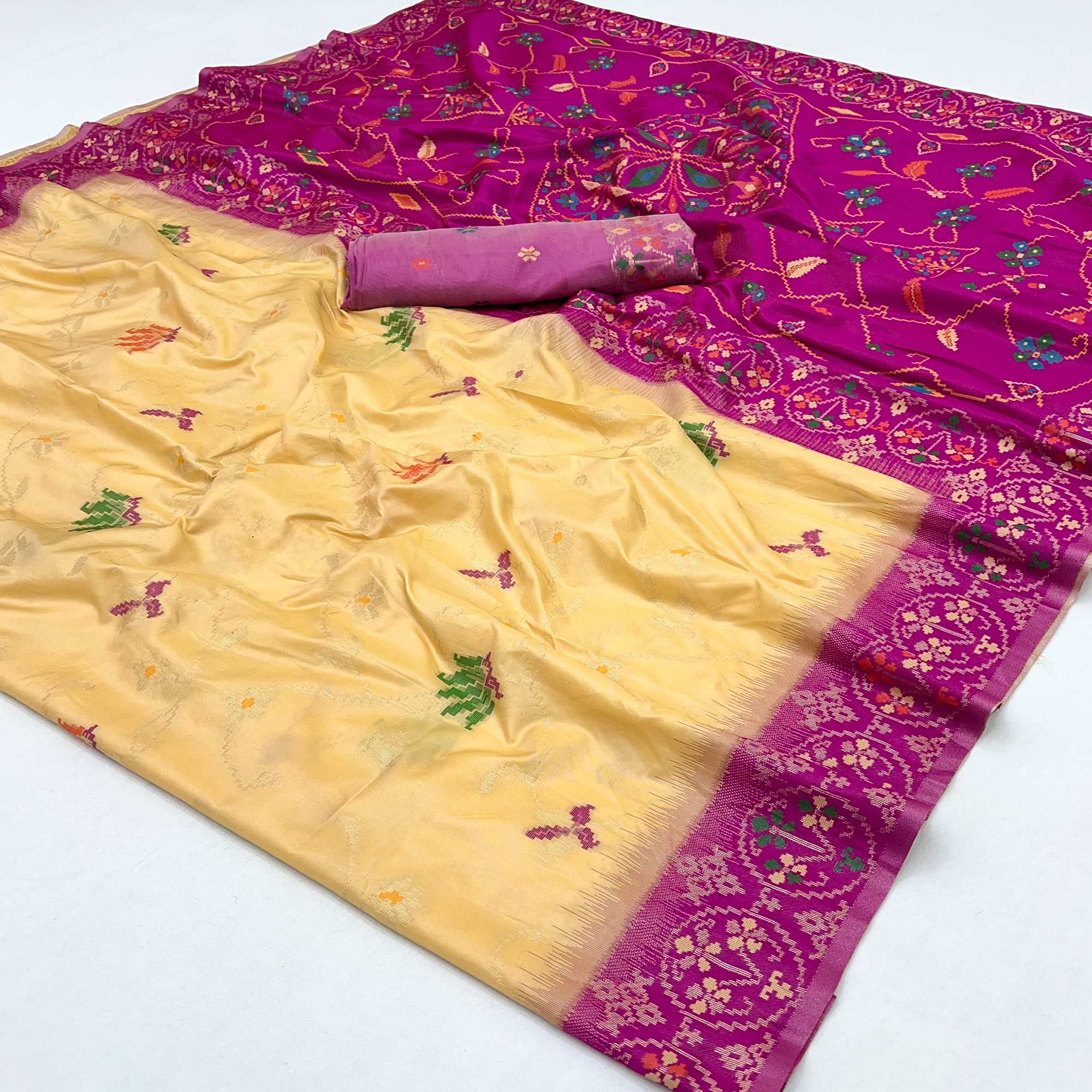 Light Yellow & Pink Floral Woven Pure Silk Saree
