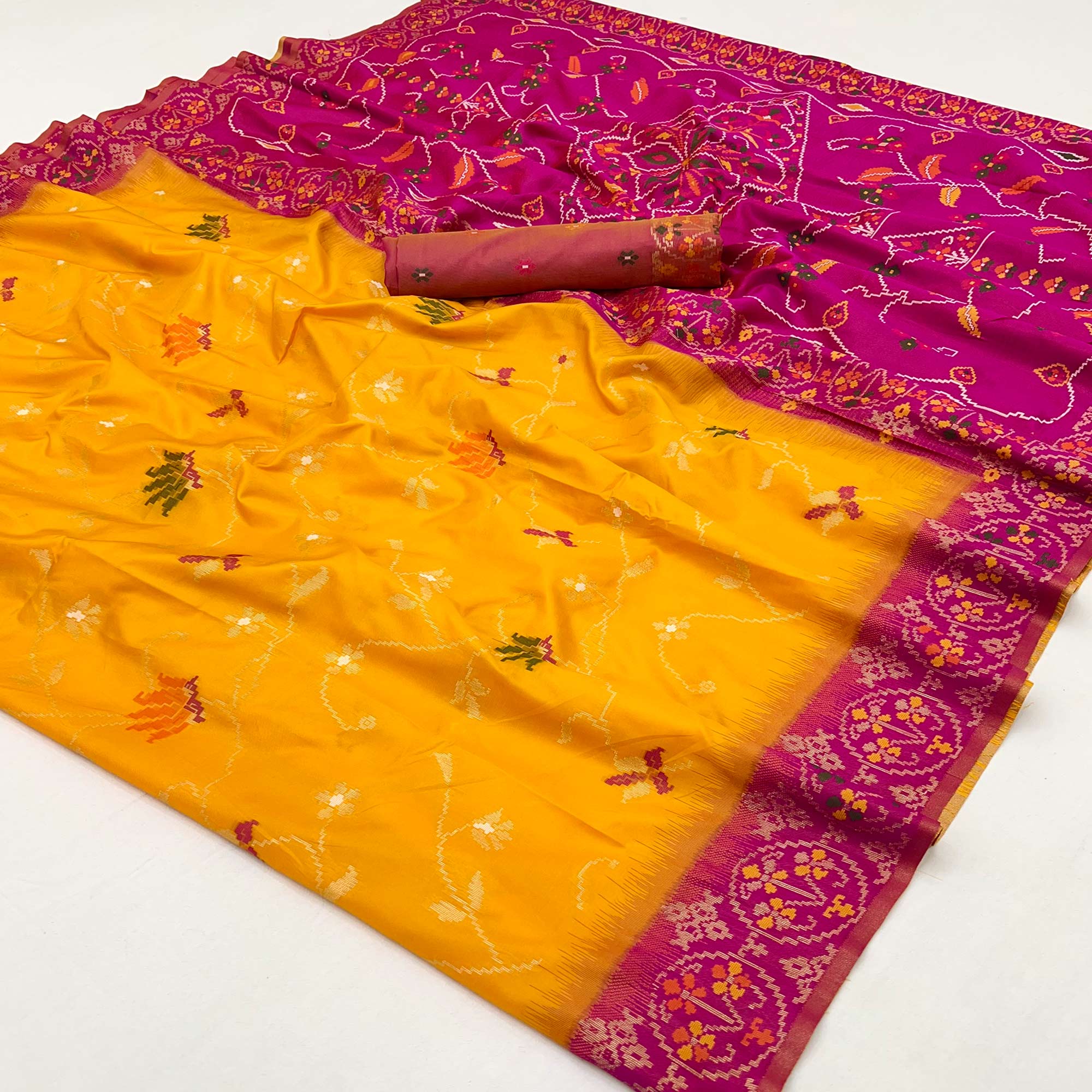 Mustard & Pink Floral Woven Pure Silk Saree