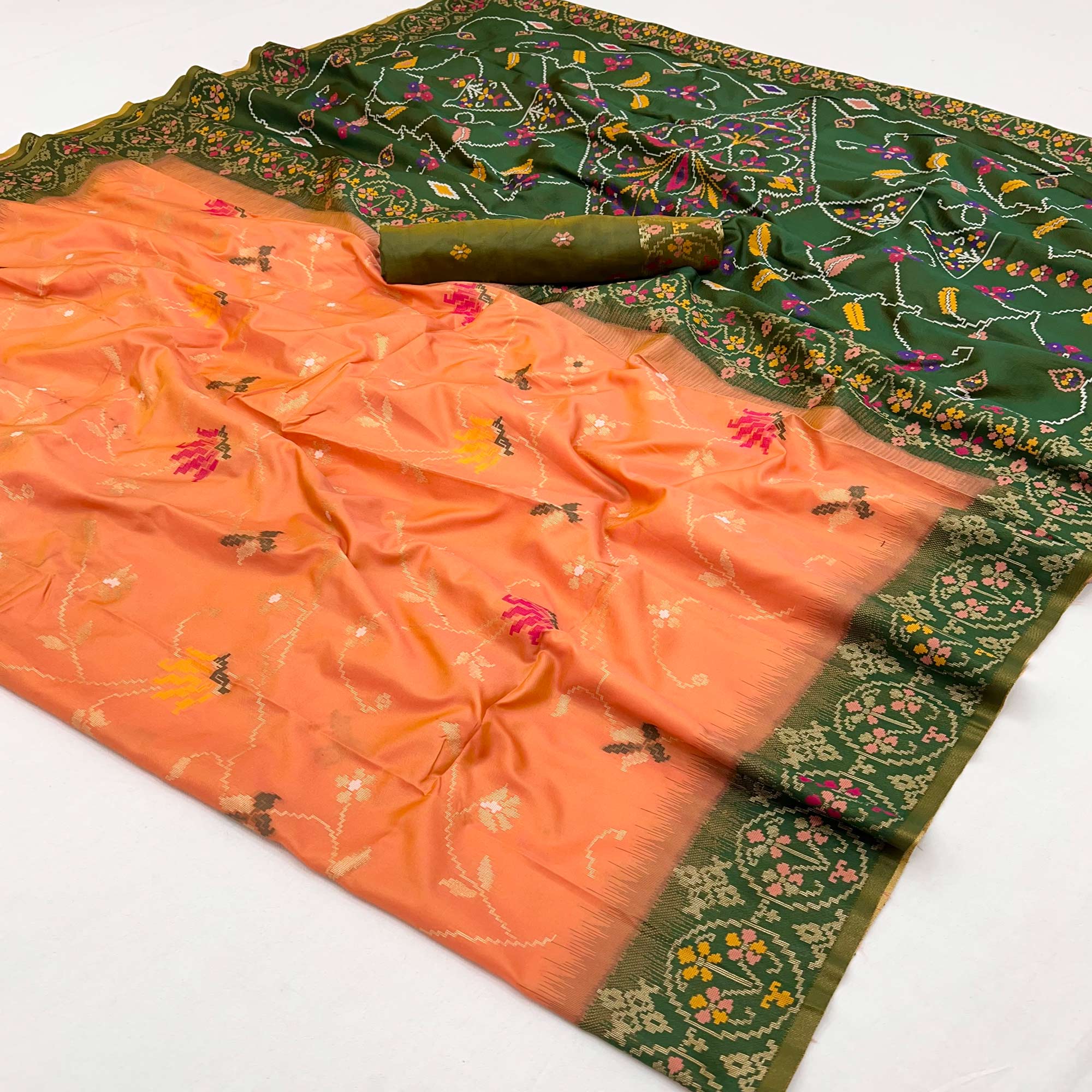 Orange & Green Floral Woven Pure Silk Saree