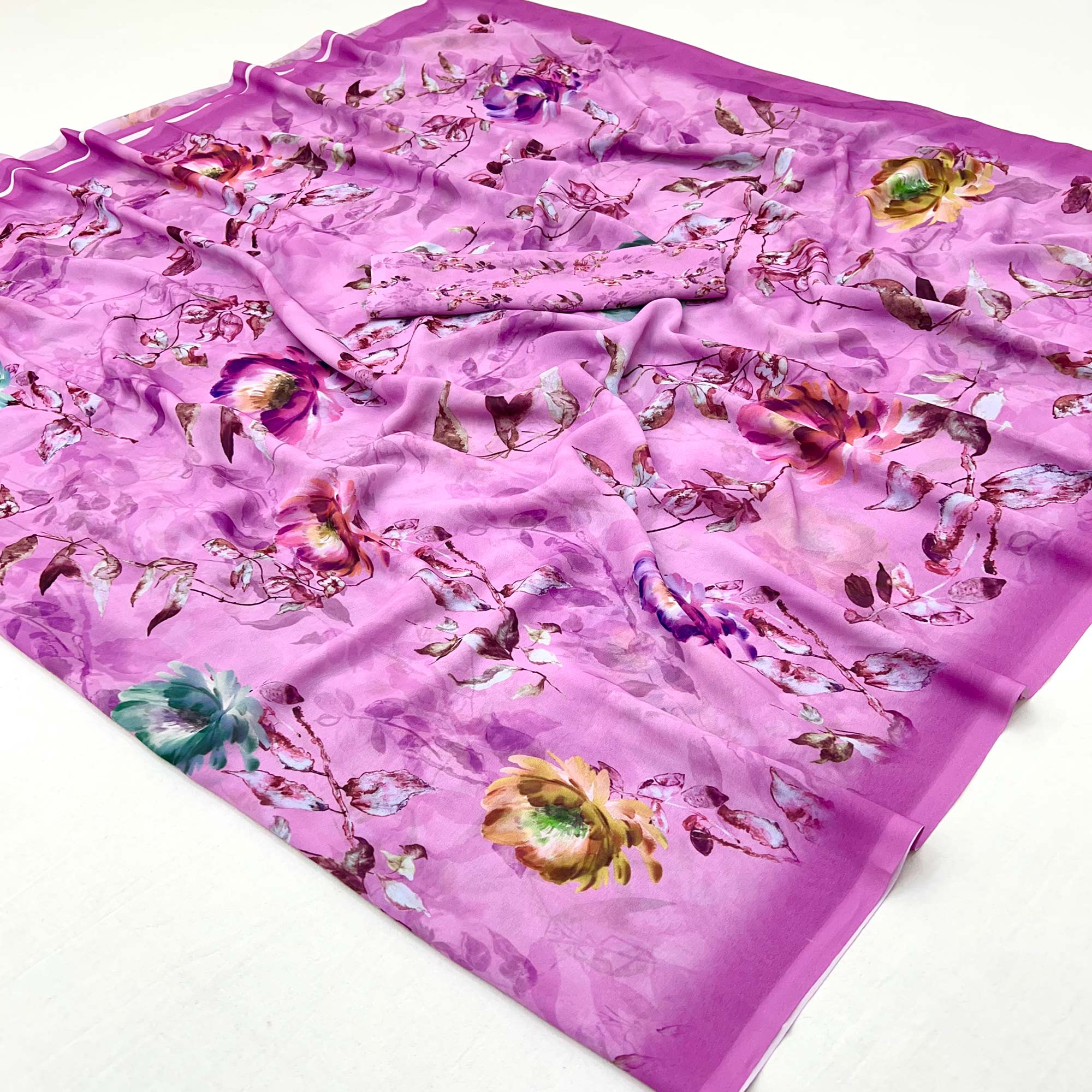 Pink Floral Digital Printed Georgette Saree