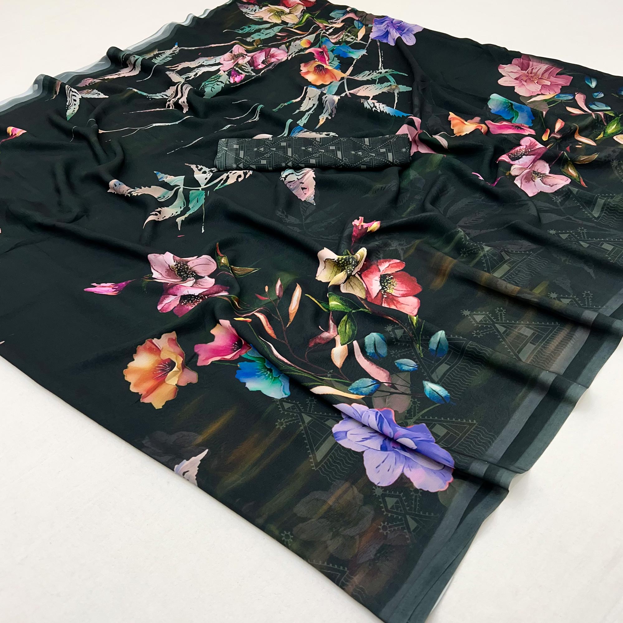 Black Floral Digital Printed Georgette Saree
