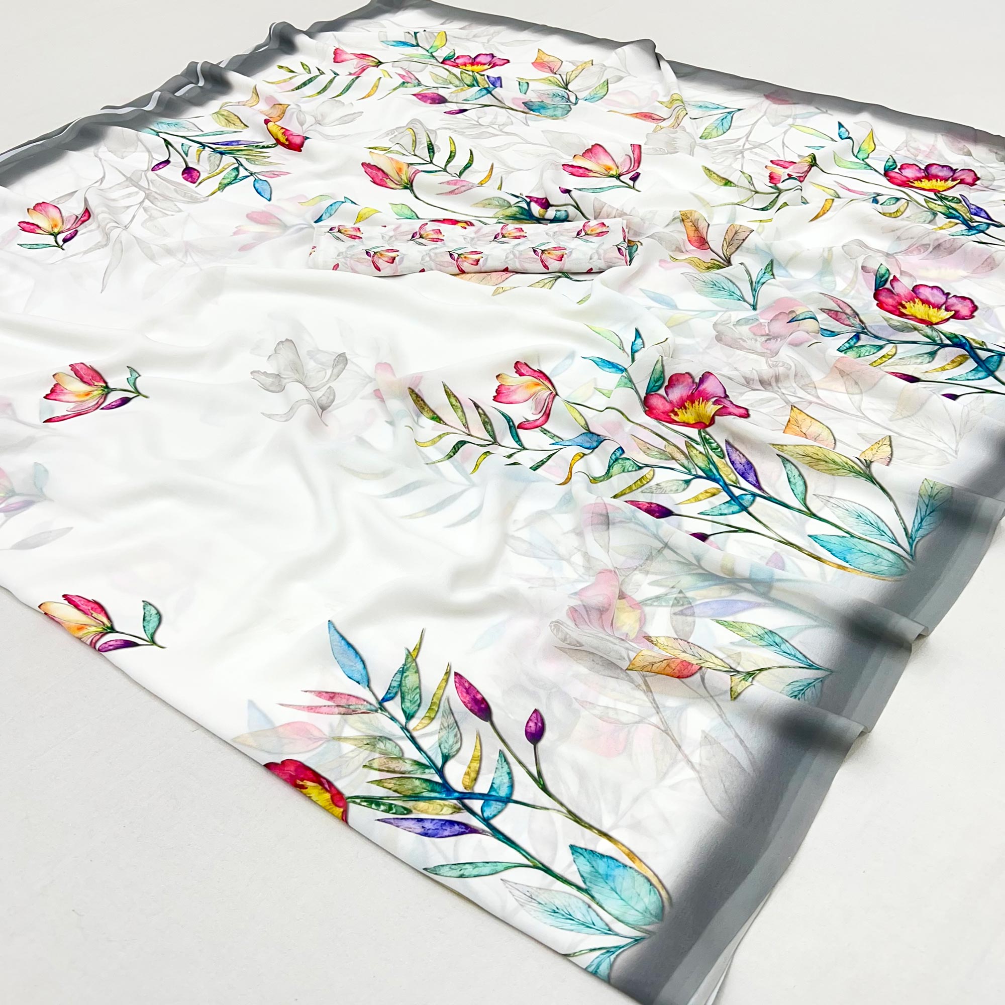 White Floral Digital Printed Georgette Saree