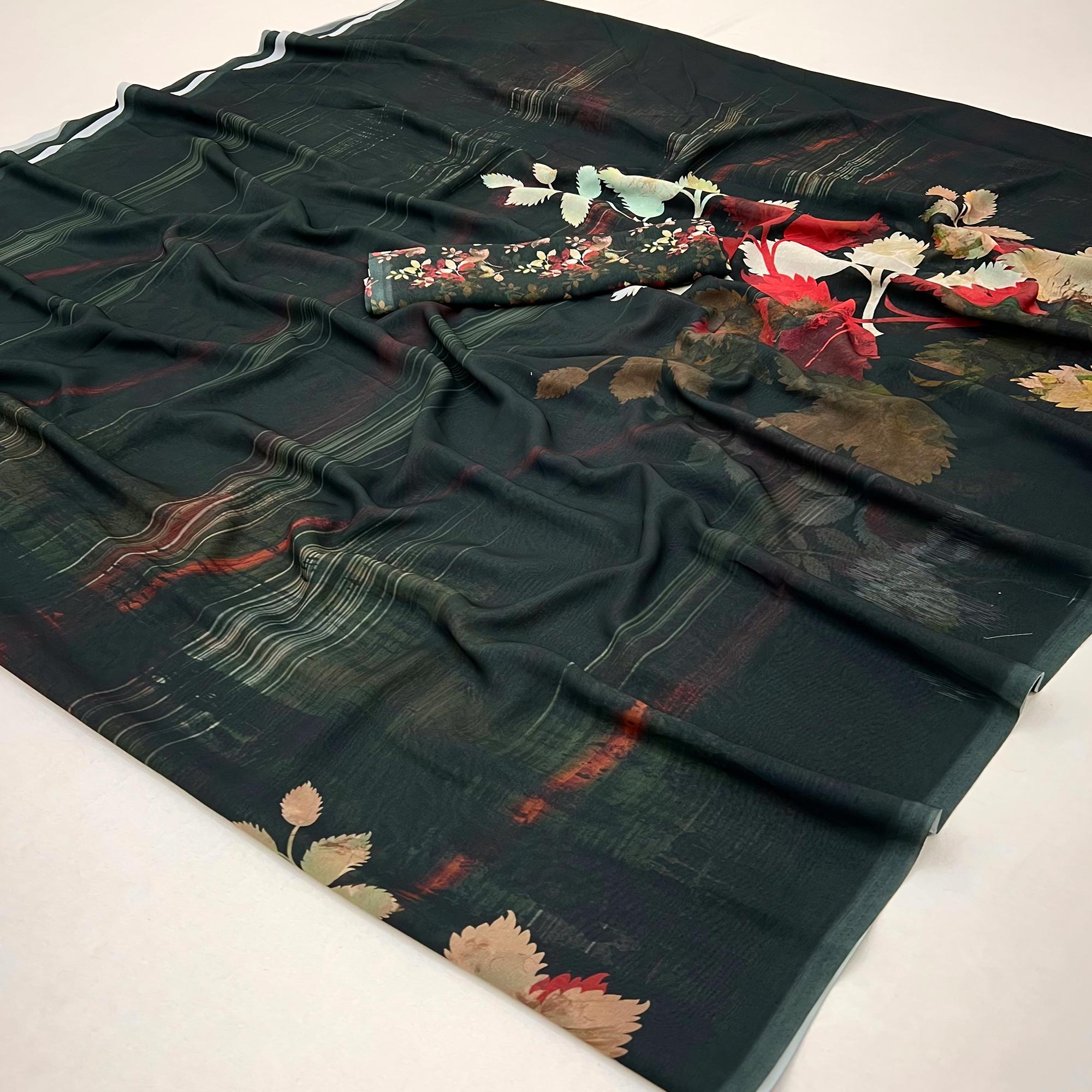 Black Floral Digital Printed Georgette Saree