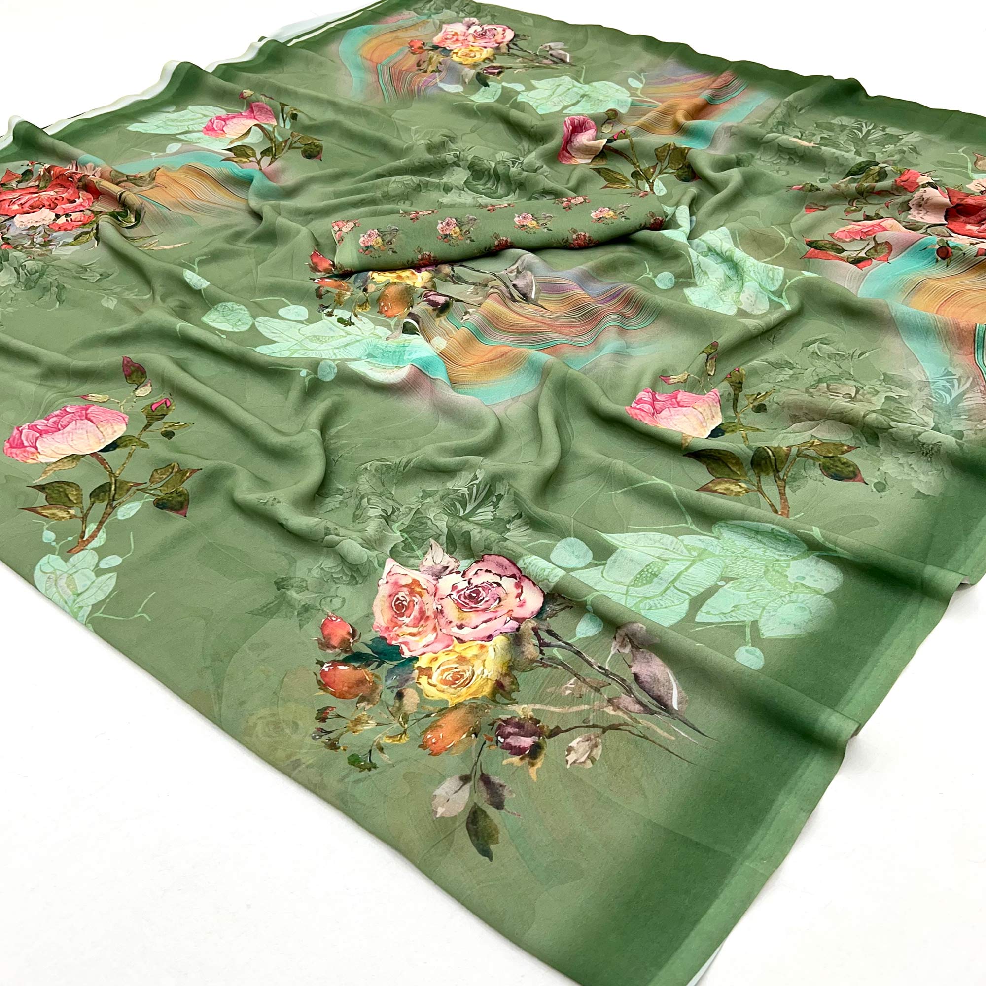 Green Floral Digital Printed Georgette Saree