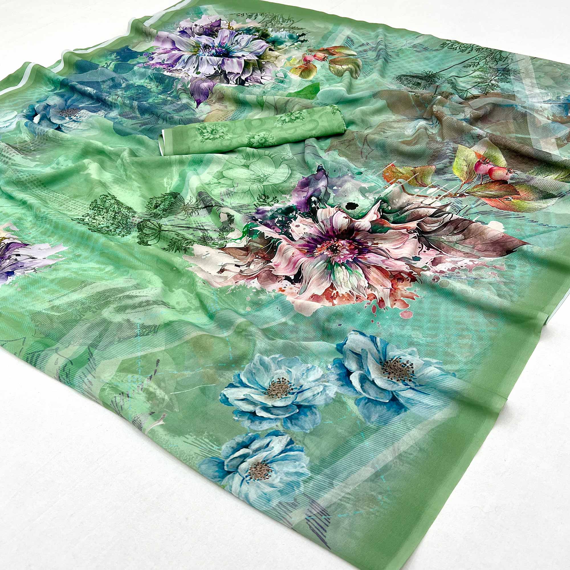 Sea Green  Floral Digital Printed Georgette Saree
