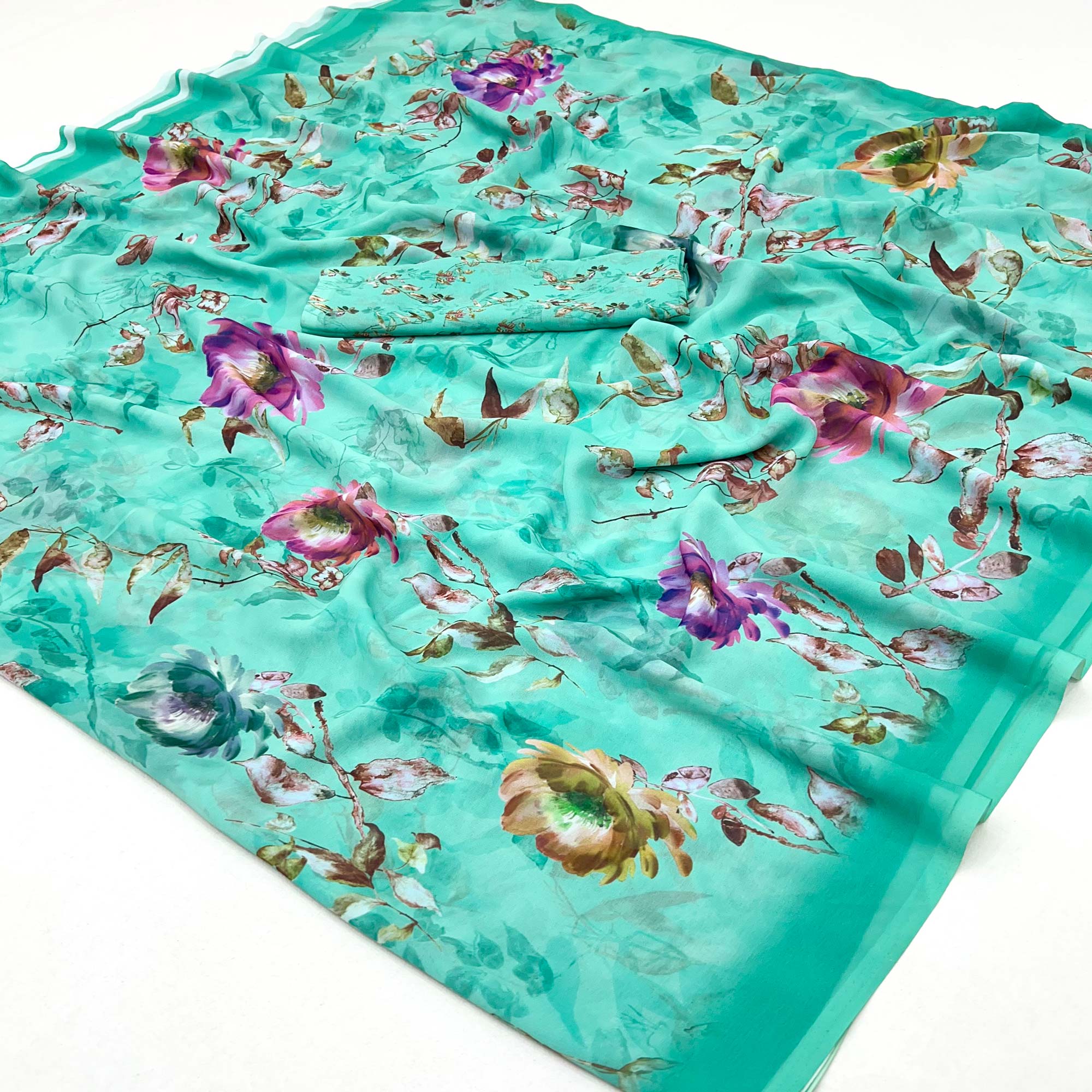 Turquoise Floral Digital Printed Georgette Saree