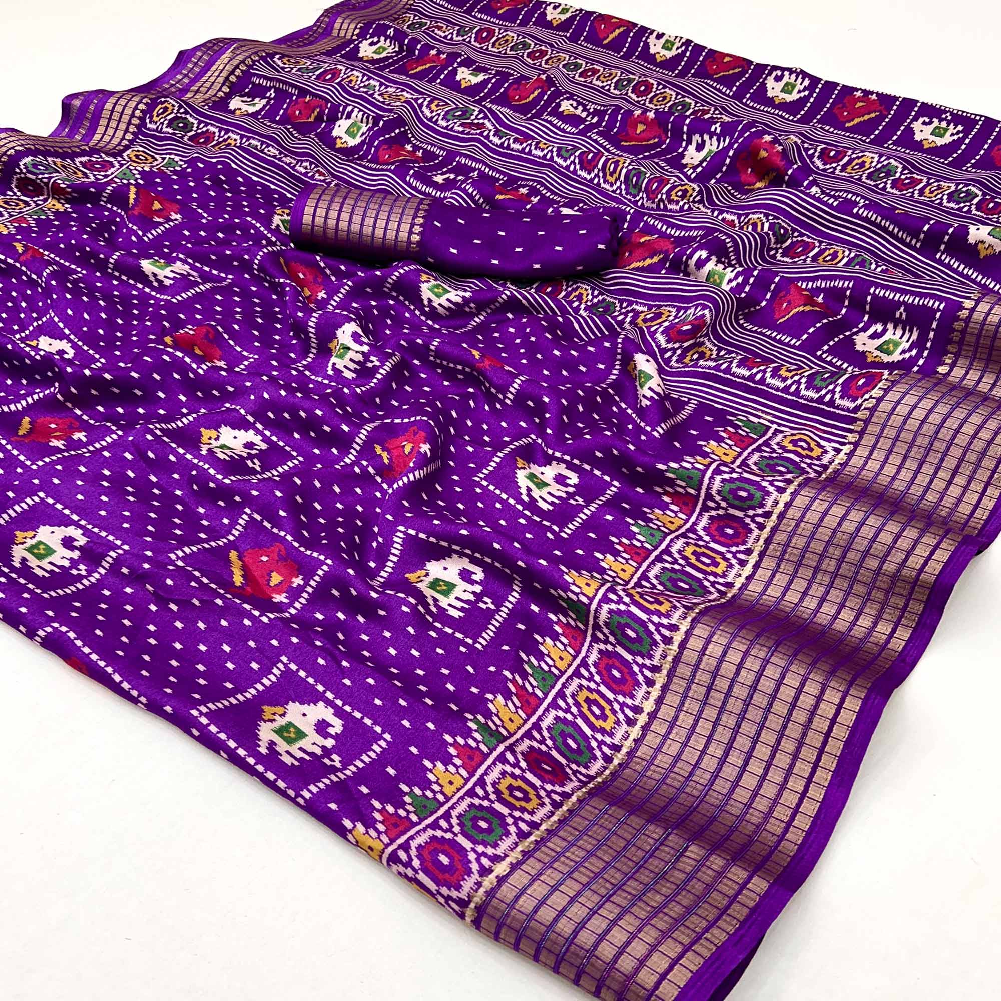 Purple Printed Georgette Saree With Woven Border