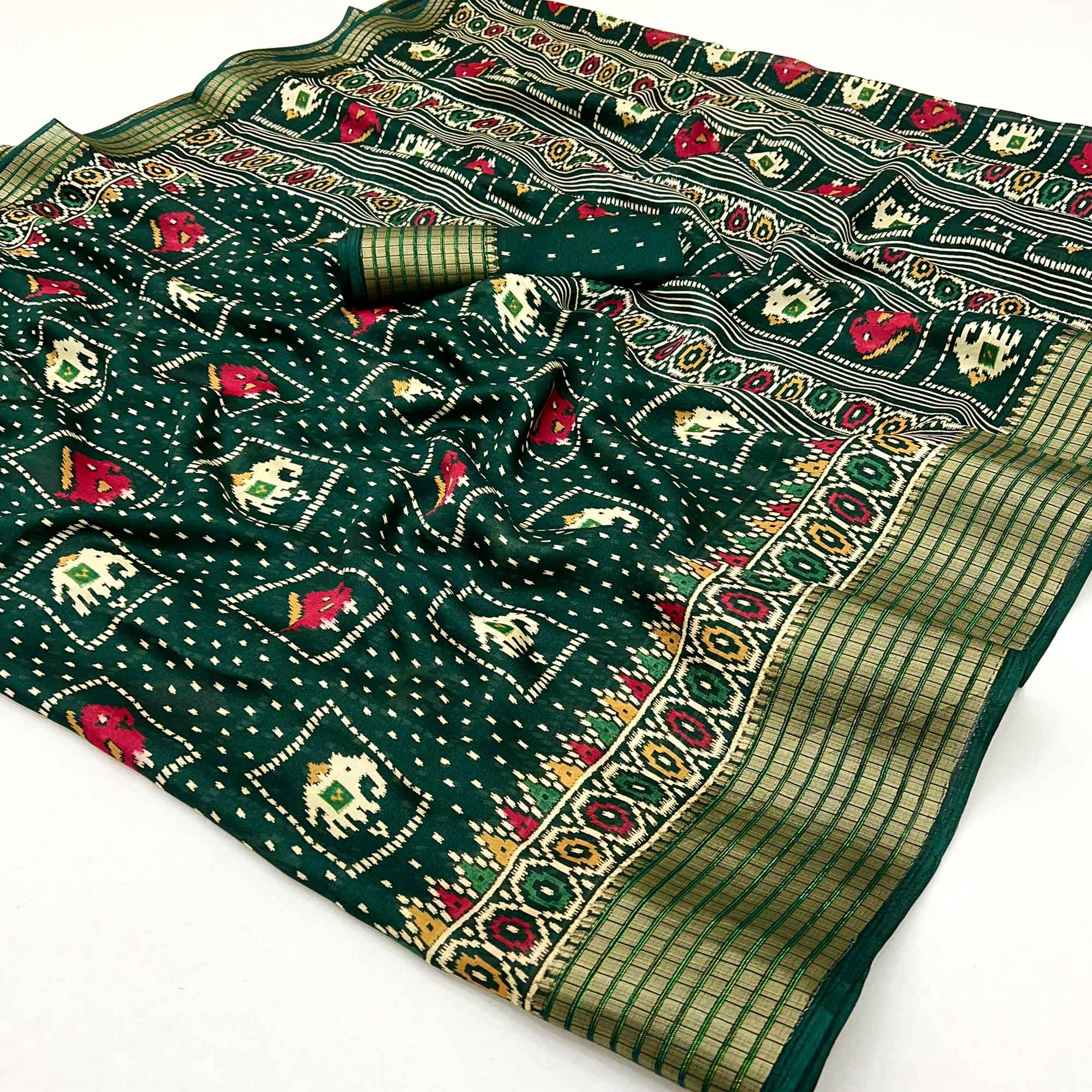 Green Printed Georgette Saree With Woven Border