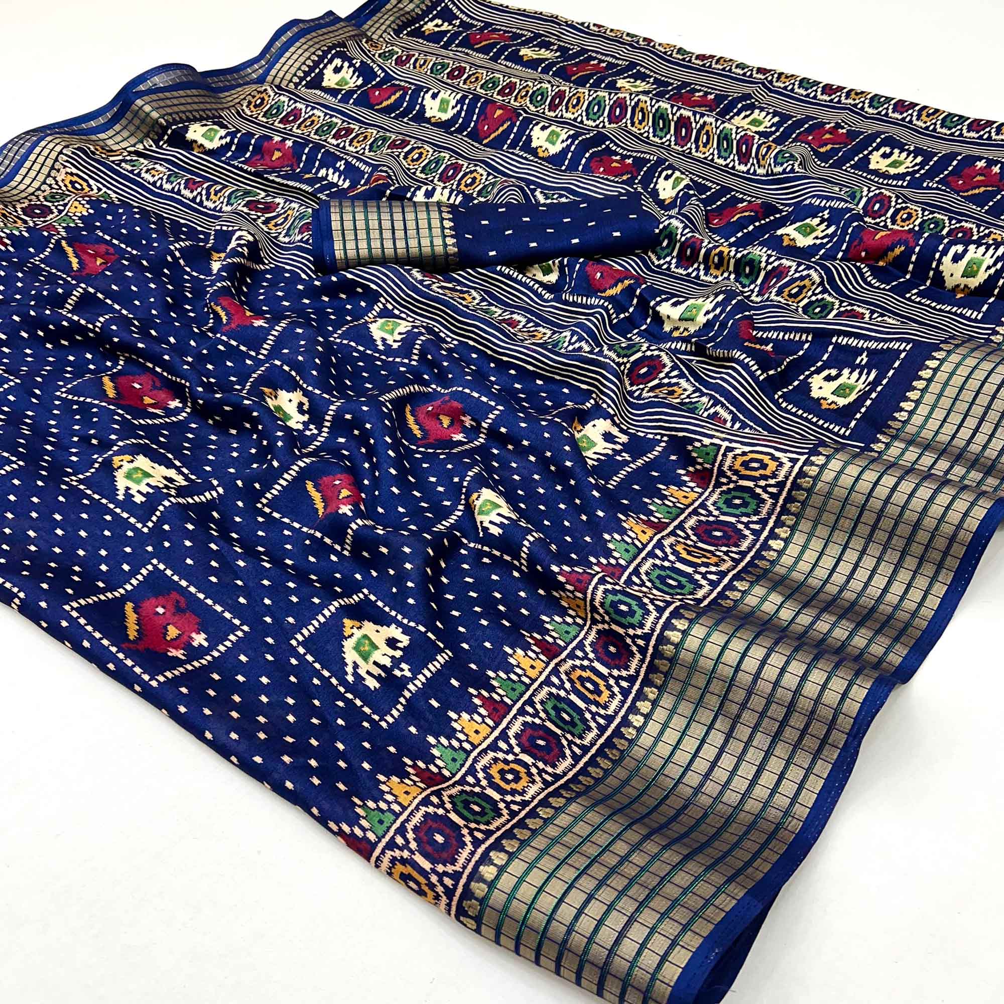 Navy Blue Printed Georgette Saree With Woven Border